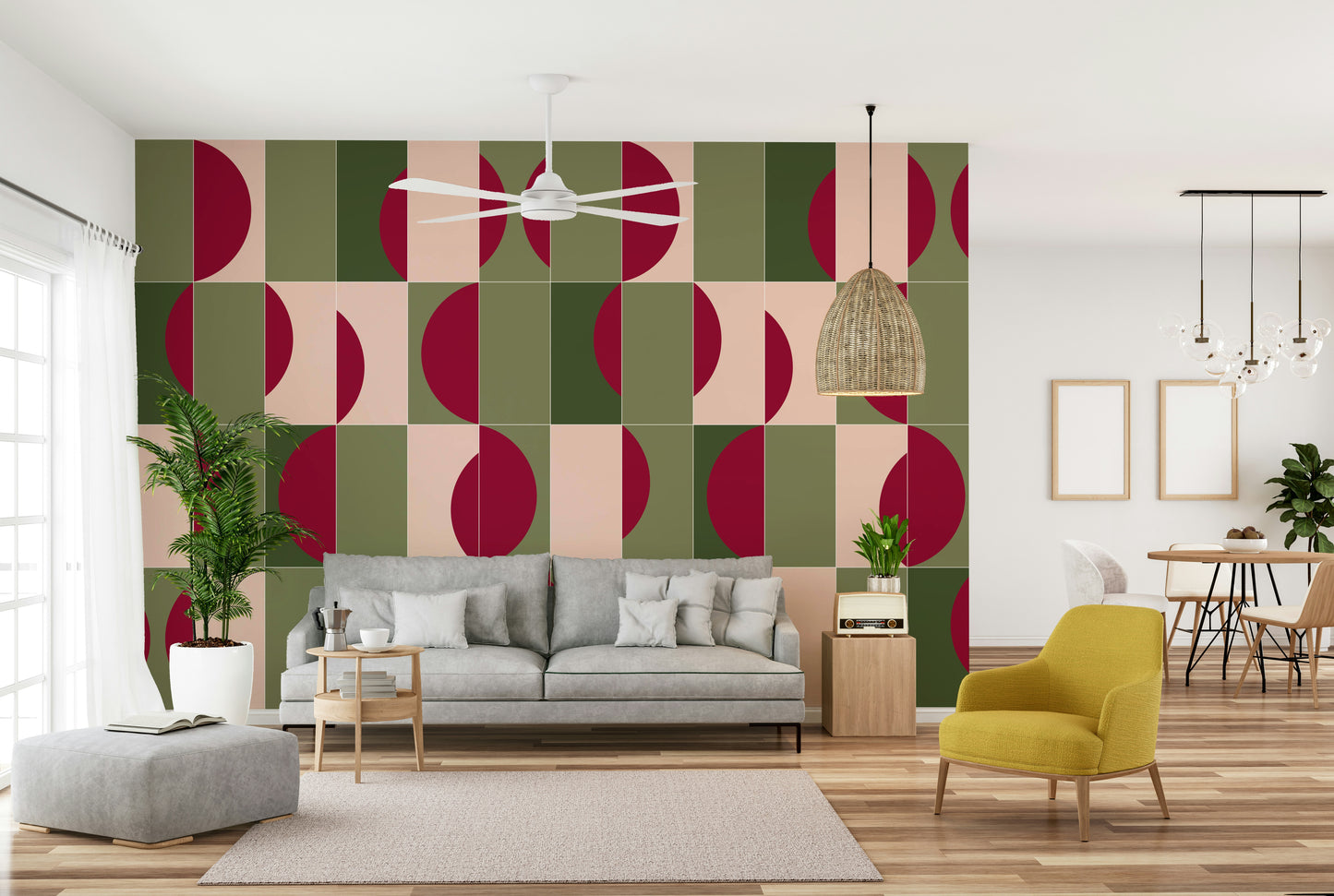 Vintage tile-inspired wall mural in neutral shades

