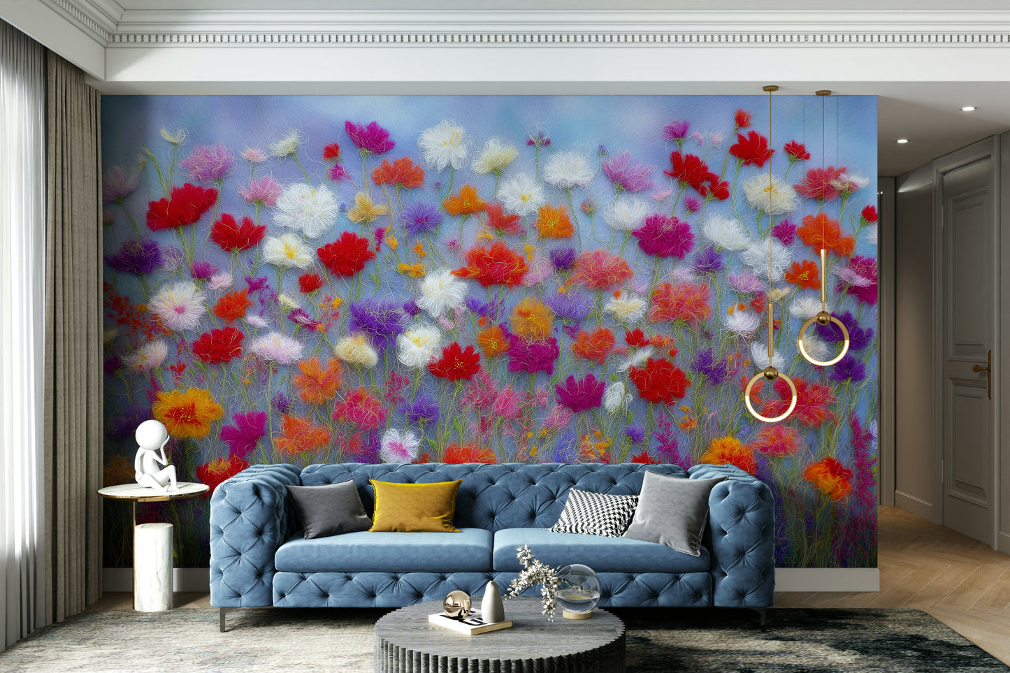 Mural wallpaper with large muted floral blooms

