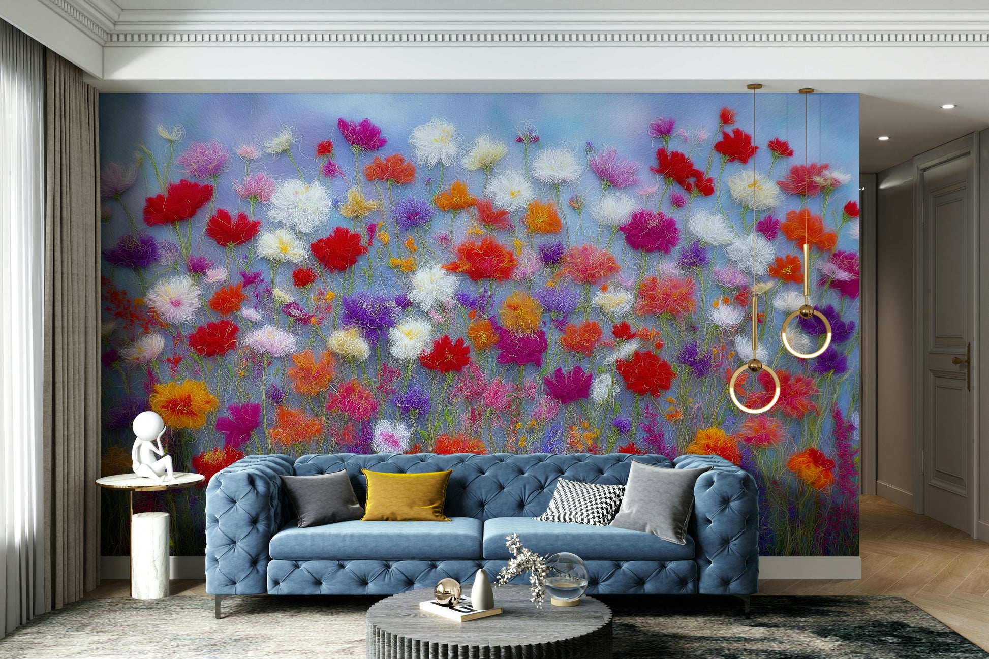 Mural wallpaper with large muted floral blooms

