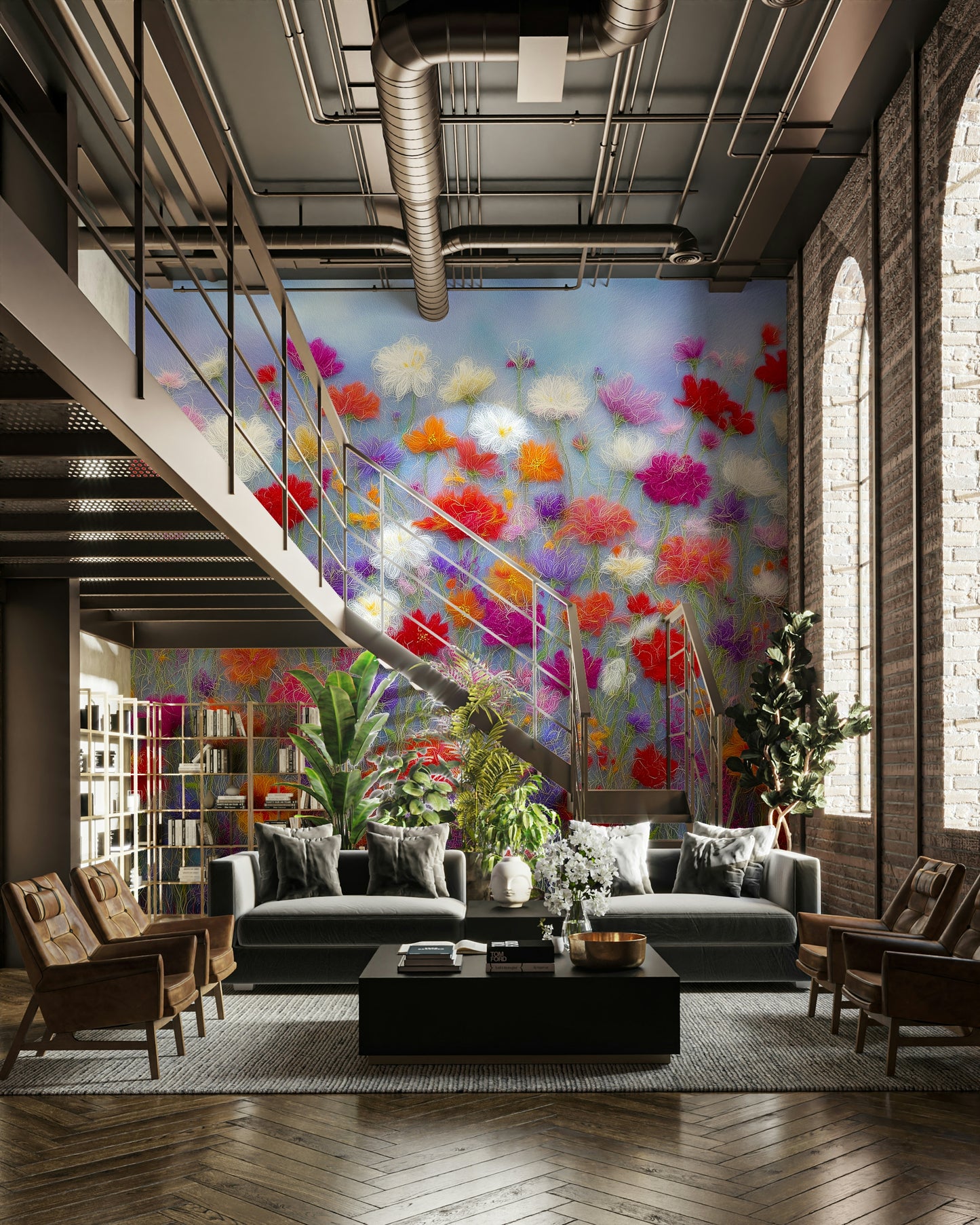 Gentle flower mural with textile effect

