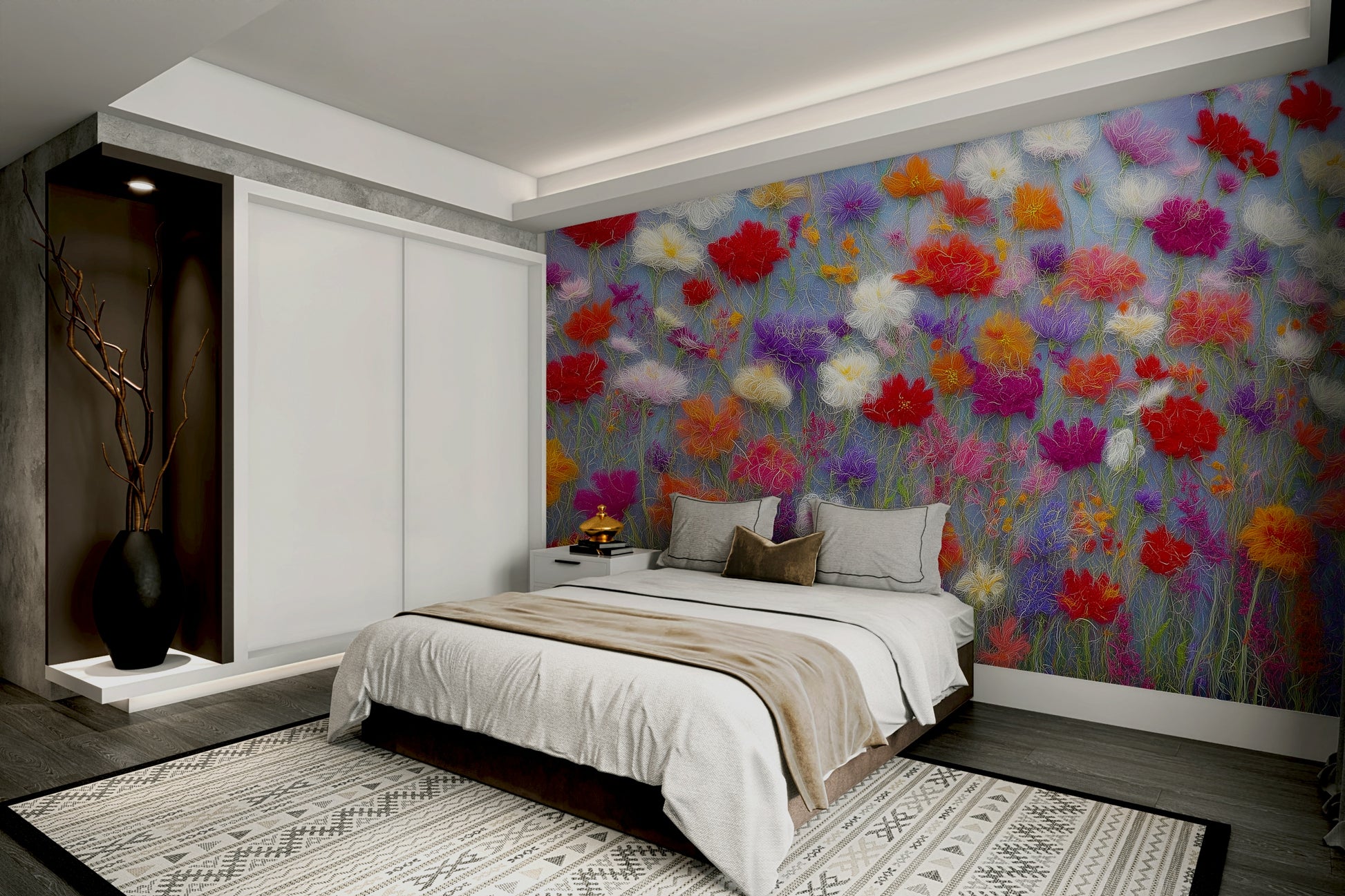 Soft botanical wall mural with fabric look

