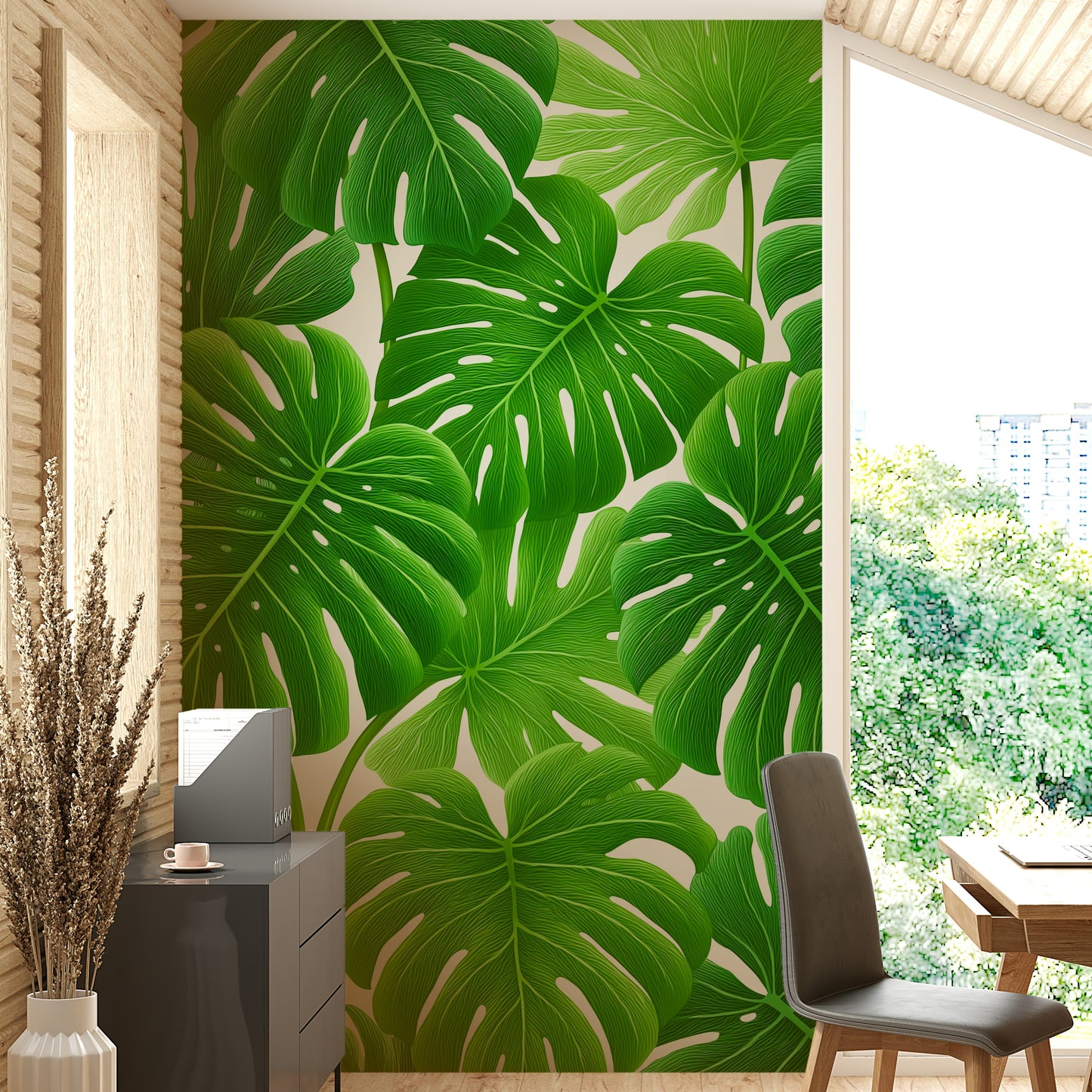 Full view of leafy green wall mural

