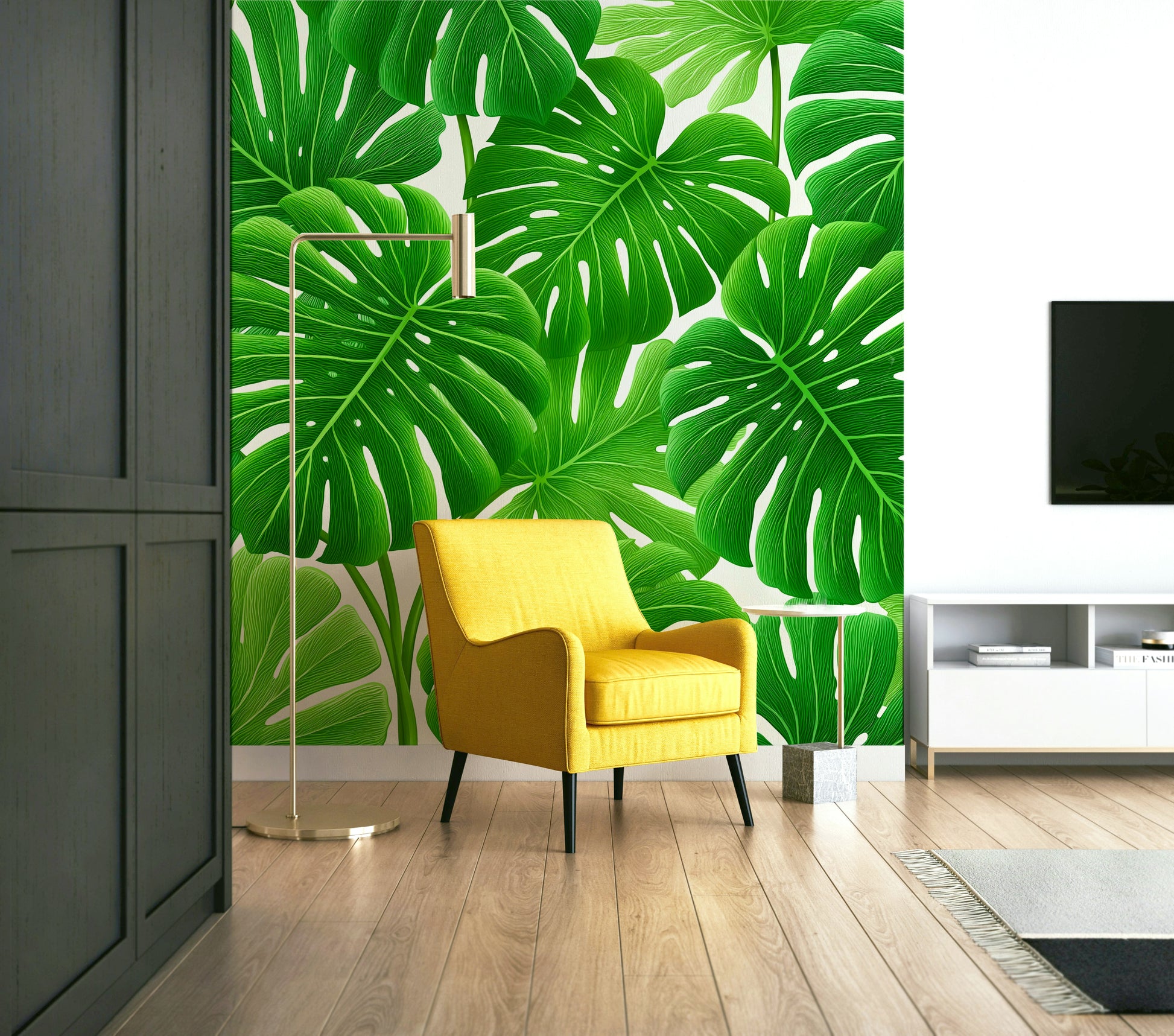 Tropical mural with hand-sketched monstera leaves

