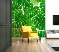 Tropical mural with hand-sketched monstera leaves


