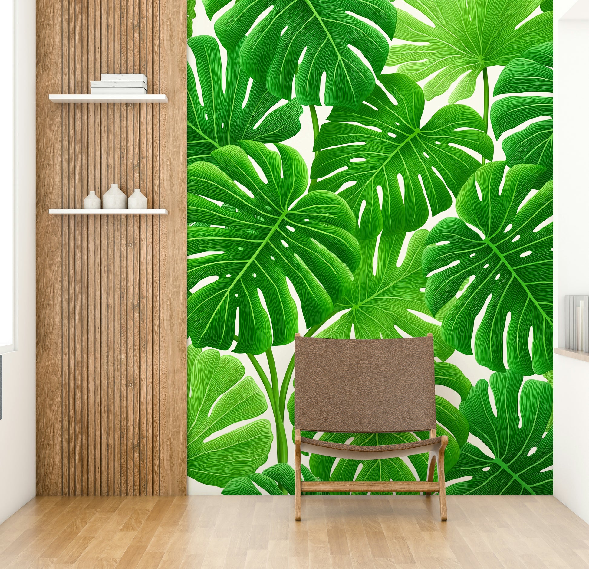 Deep green monstera wallpaper for living room

