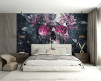 Dark floral wallpaper with bold skull imagery