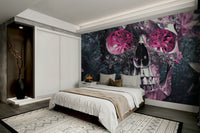 Jewel-toned skull and flower mural design

