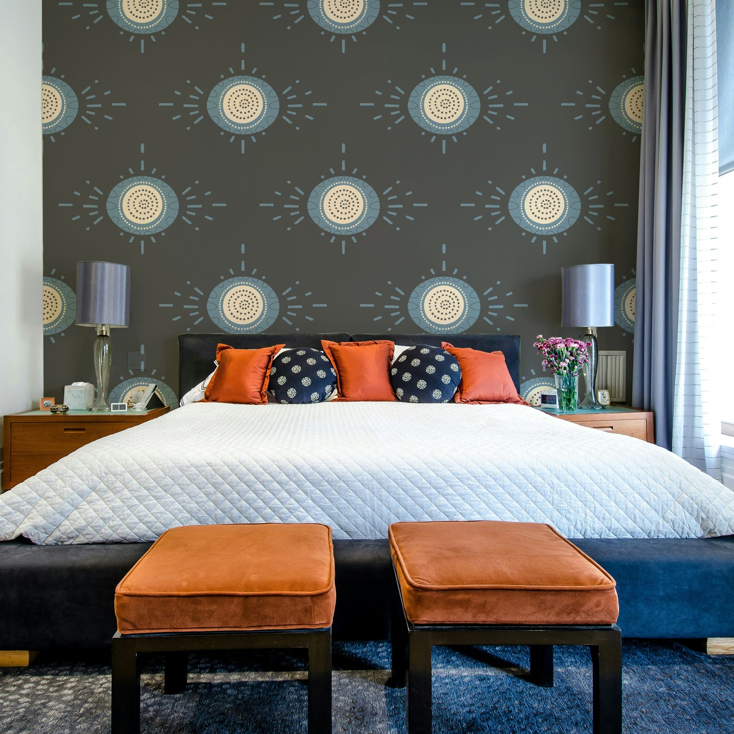 Folk Bloom Light Dusty Blue Scandinavian Mid Mod Floral Wallpaper⁠