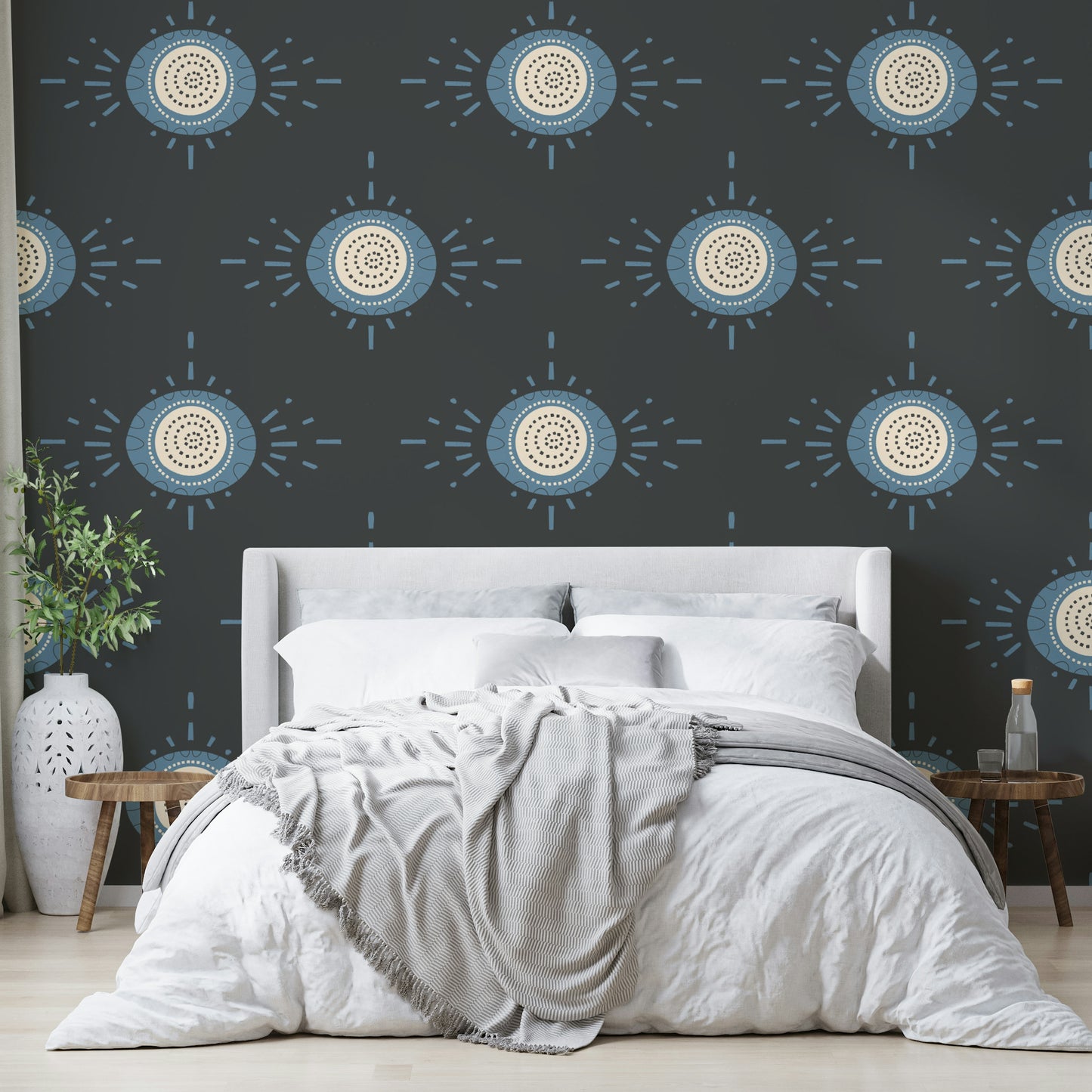 Folk Bloom Light Dusty Blue Scandinavian Mid Mod Floral Wallpaper⁠