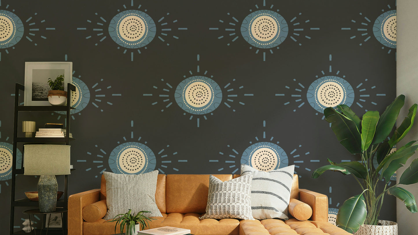 Folk Bloom Light Dusty Blue Scandinavian Mid Mod Floral Wallpaper⁠