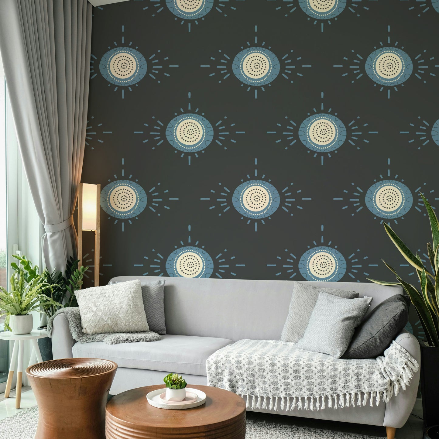 Folk Bloom Light Dusty Blue Scandinavian Mid Mod Floral Wallpaper⁠