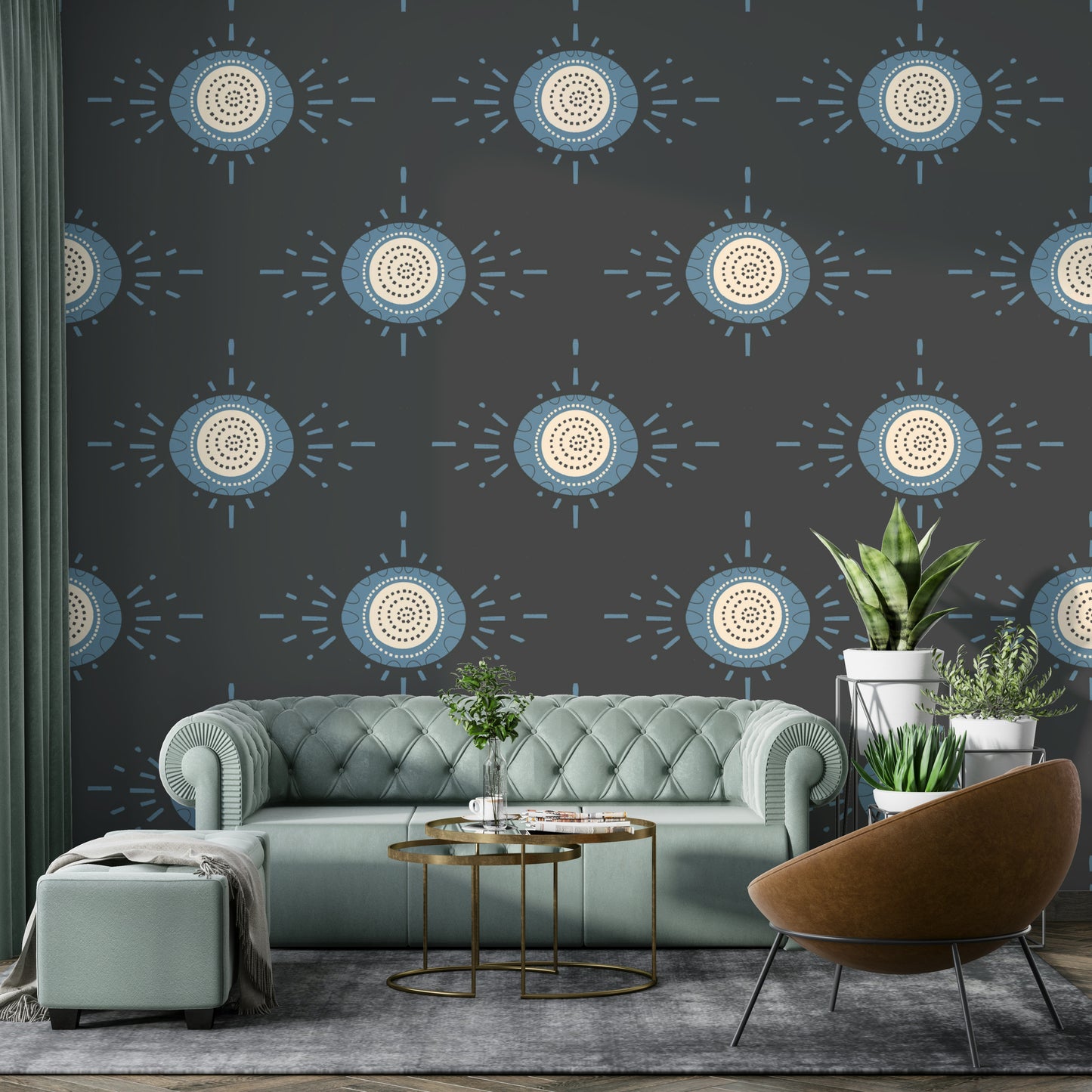Folk Bloom Light Dusty Blue Scandinavian Mid Mod Floral Wallpaper⁠