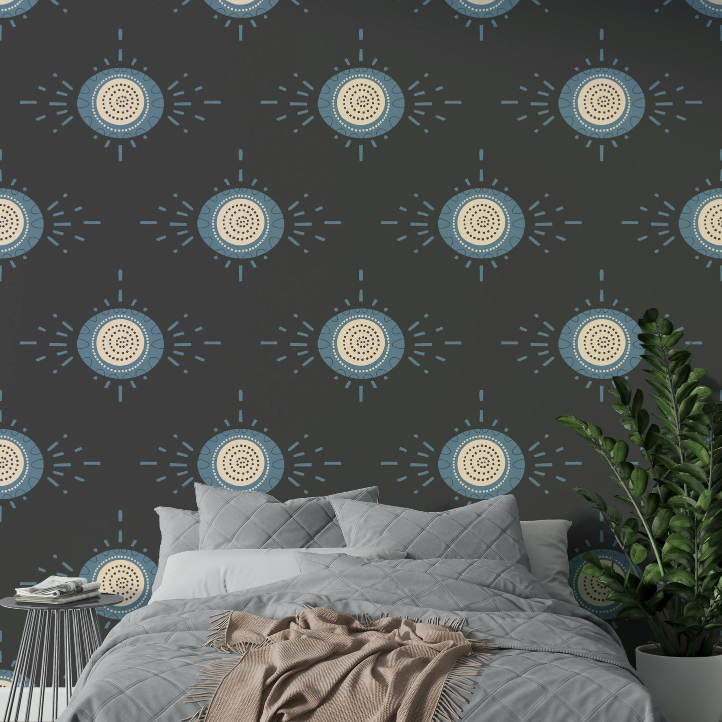 Folk Bloom Light Dusty Blue Scandinavian Mid Mod Floral Wallpaper⁠