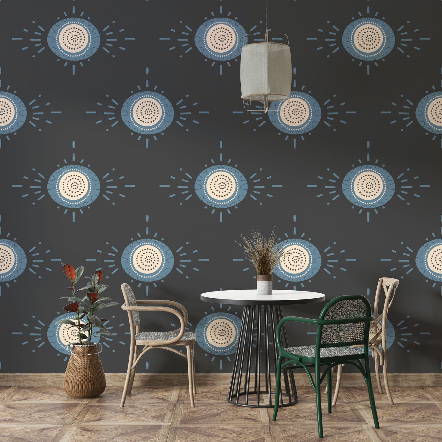 Folk Bloom Light Dusty Blue Scandinavian Mid Mod Floral Wallpaper⁠