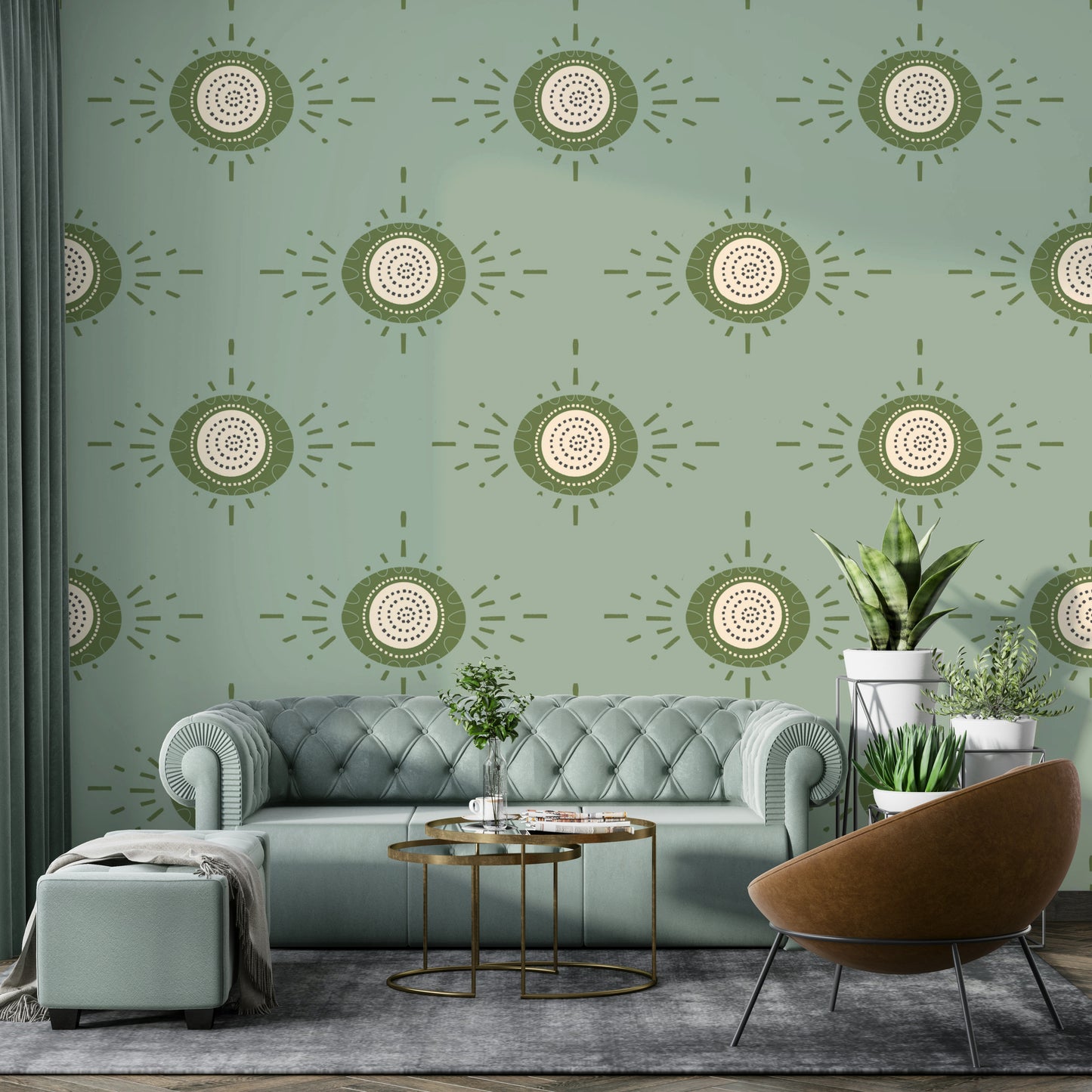 Calm interior with mid-century floral wallpaper

