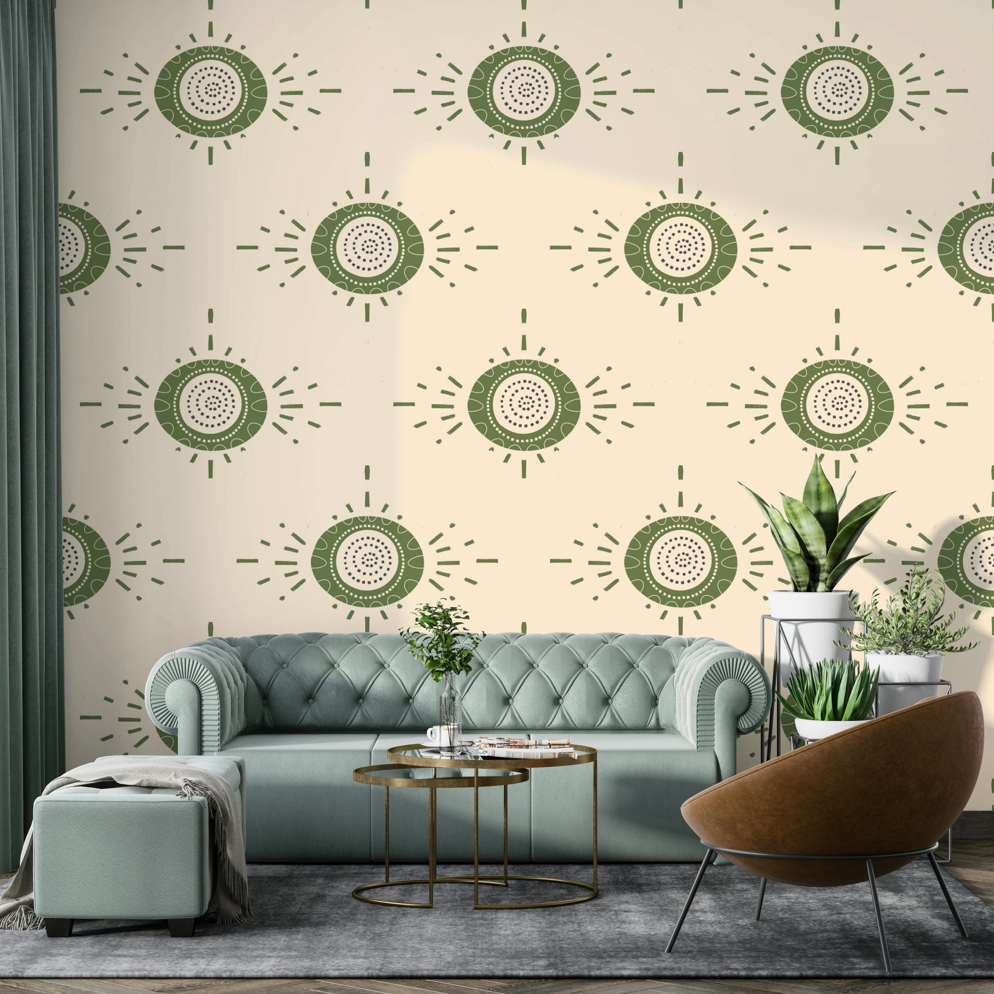 Olive green floral mural for hallway walls

