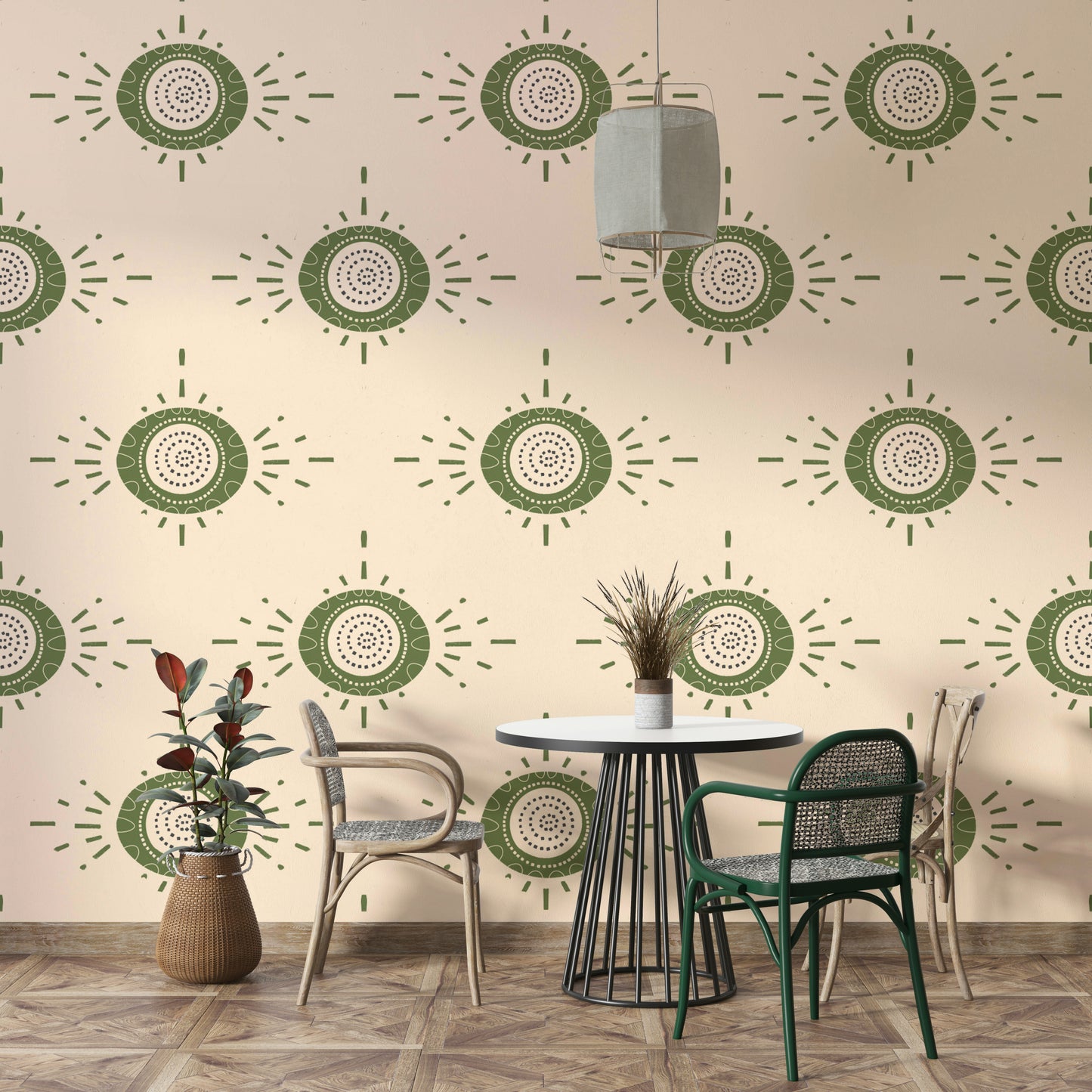 Cream and olive Scandinavian mid-mod flower design

