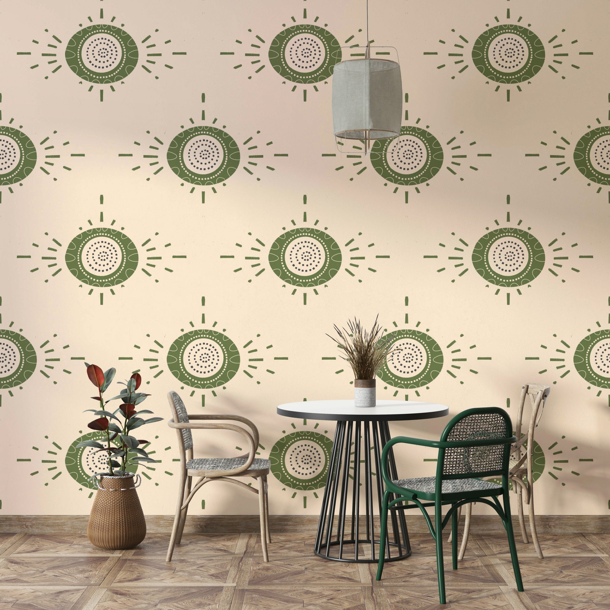 Cream and olive Scandinavian mid-mod flower design

