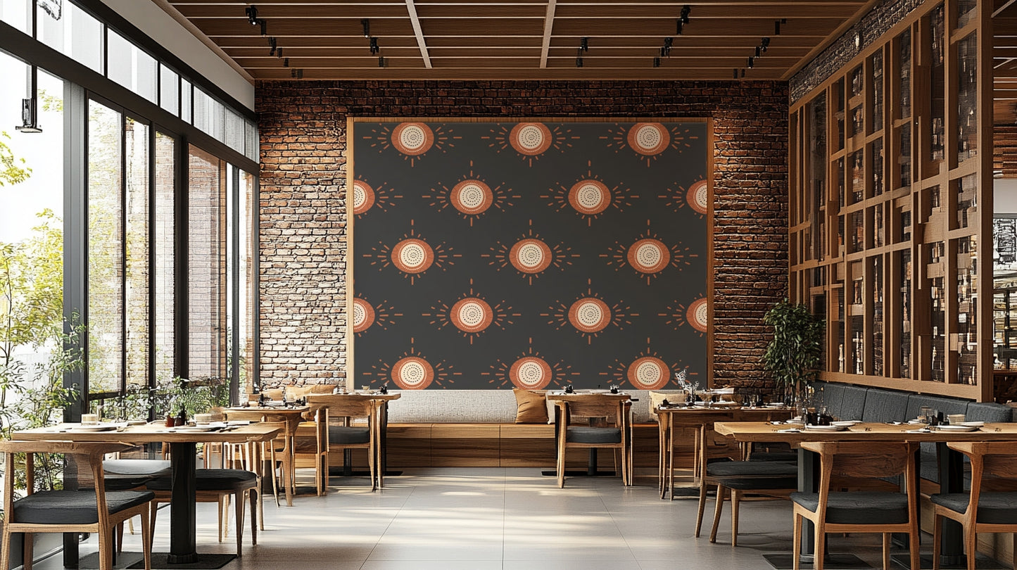 Cozy interior with terracotta floral mural

