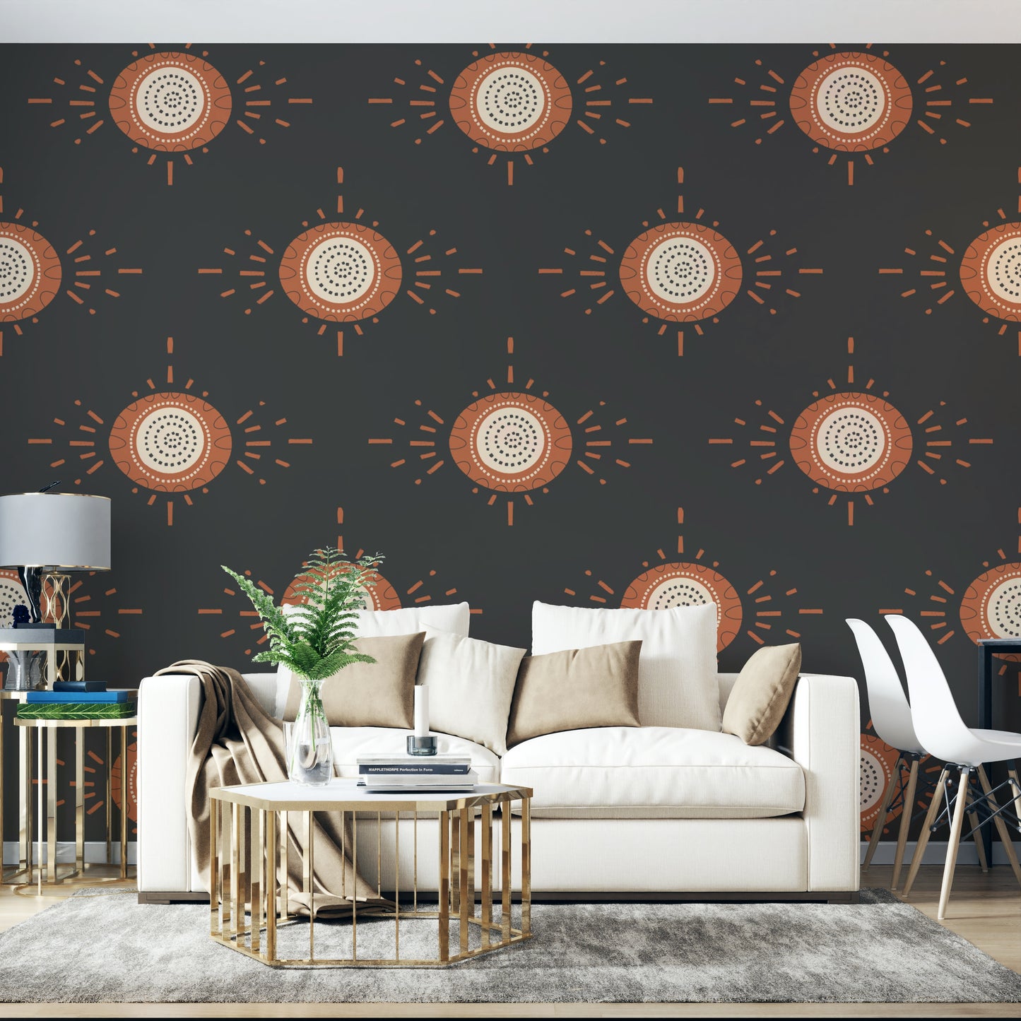 Folk Bloom mural in terracotta and charcoal tones

