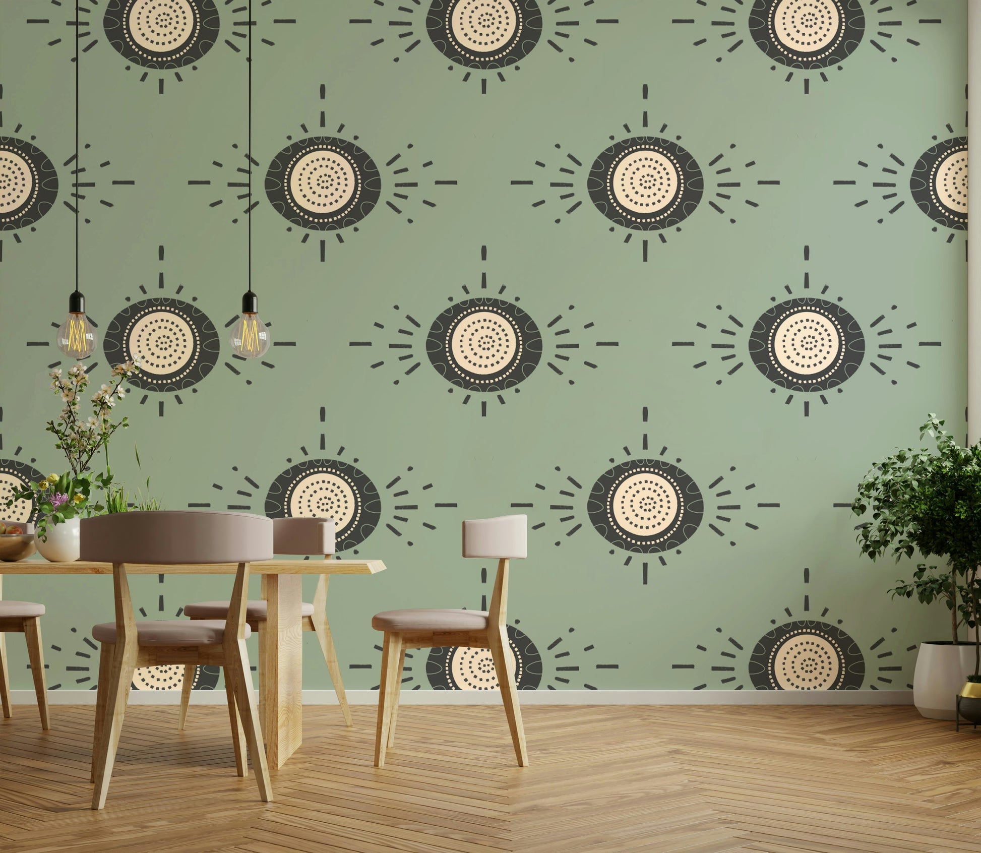 Minimalist space with soft green floral mural