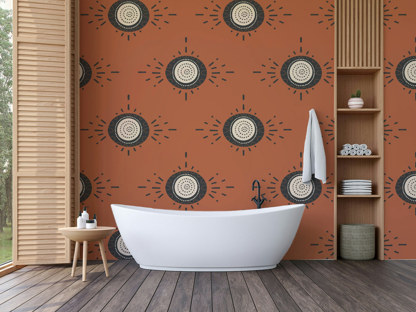Graphic terracotta blooms on wall mural

