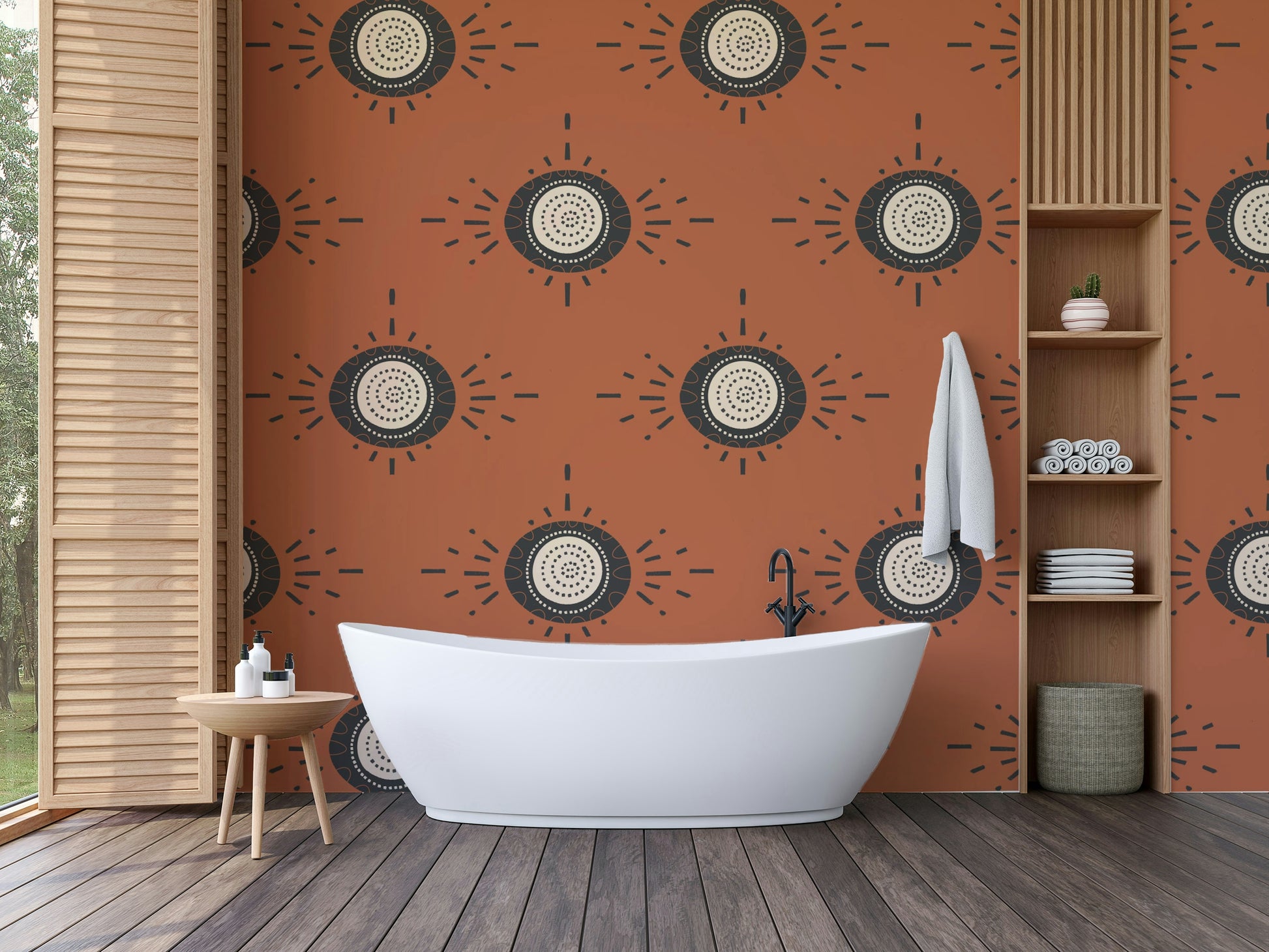 Graphic terracotta blooms on wall mural

