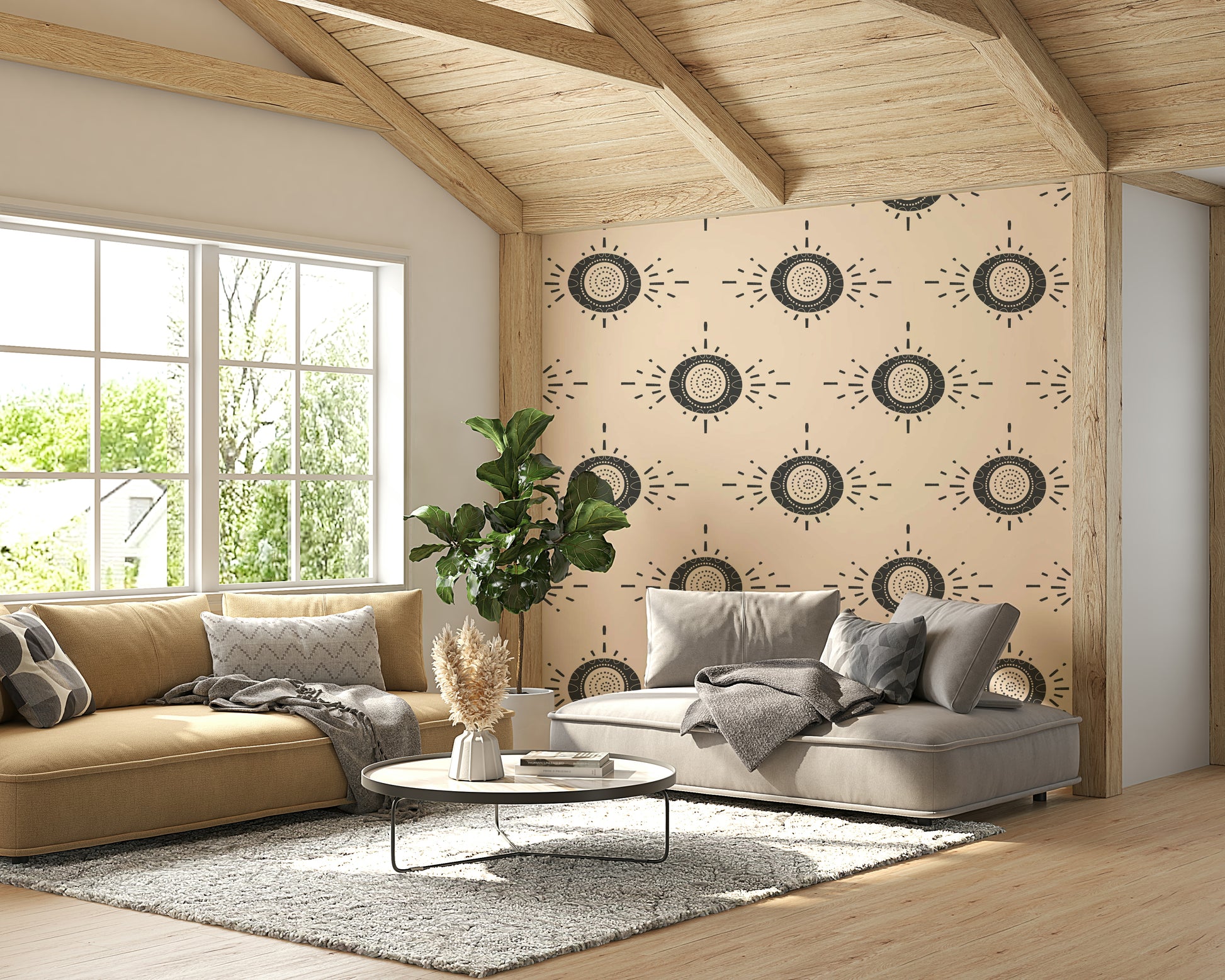 Folk-inspired wallpaper in neutral shades

