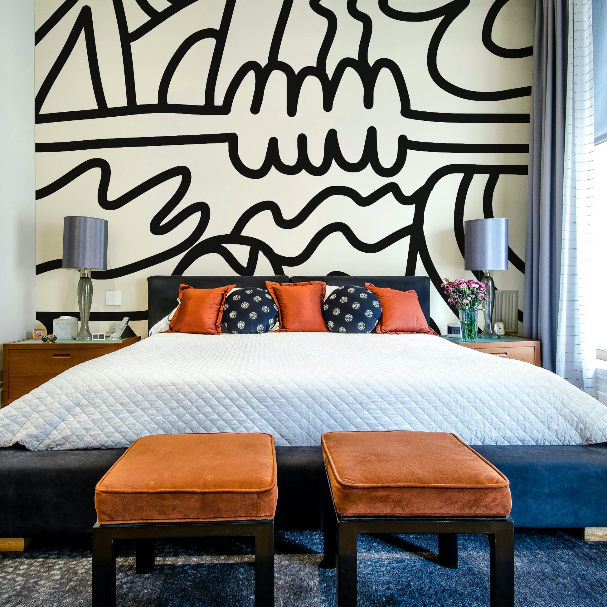 Flowing line design mural in neutral tones

