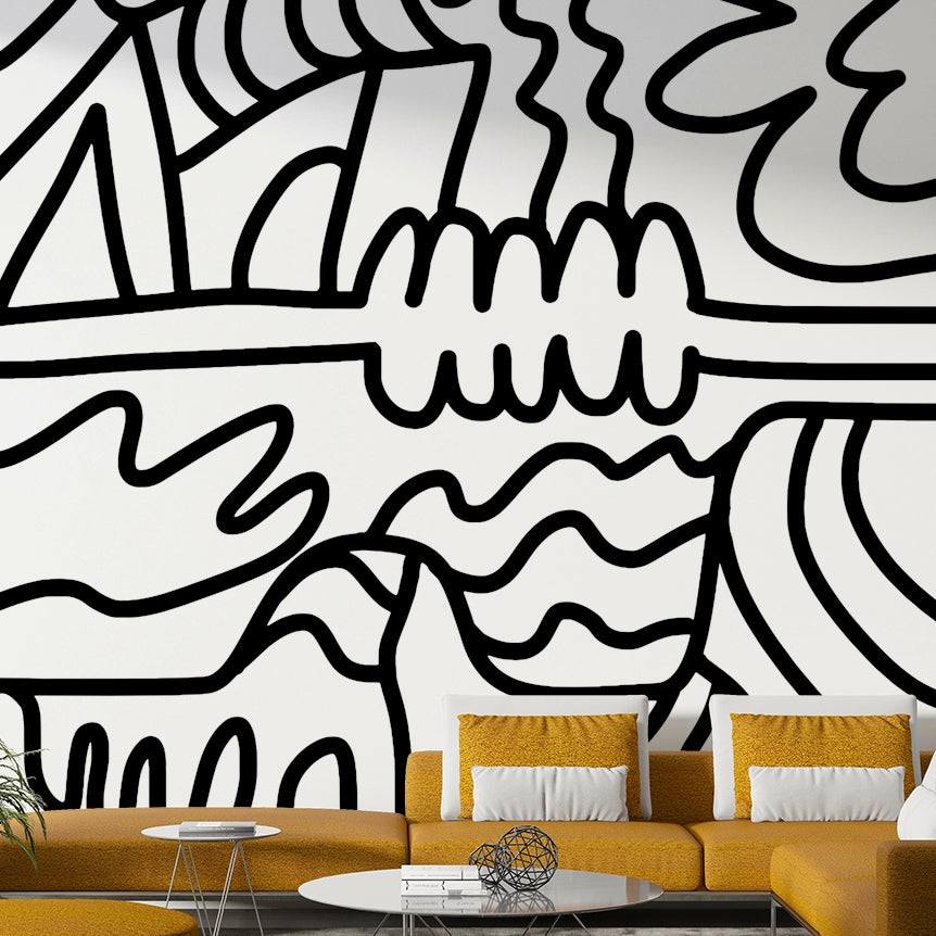 Bedroom styled with fluid shape wall mural

