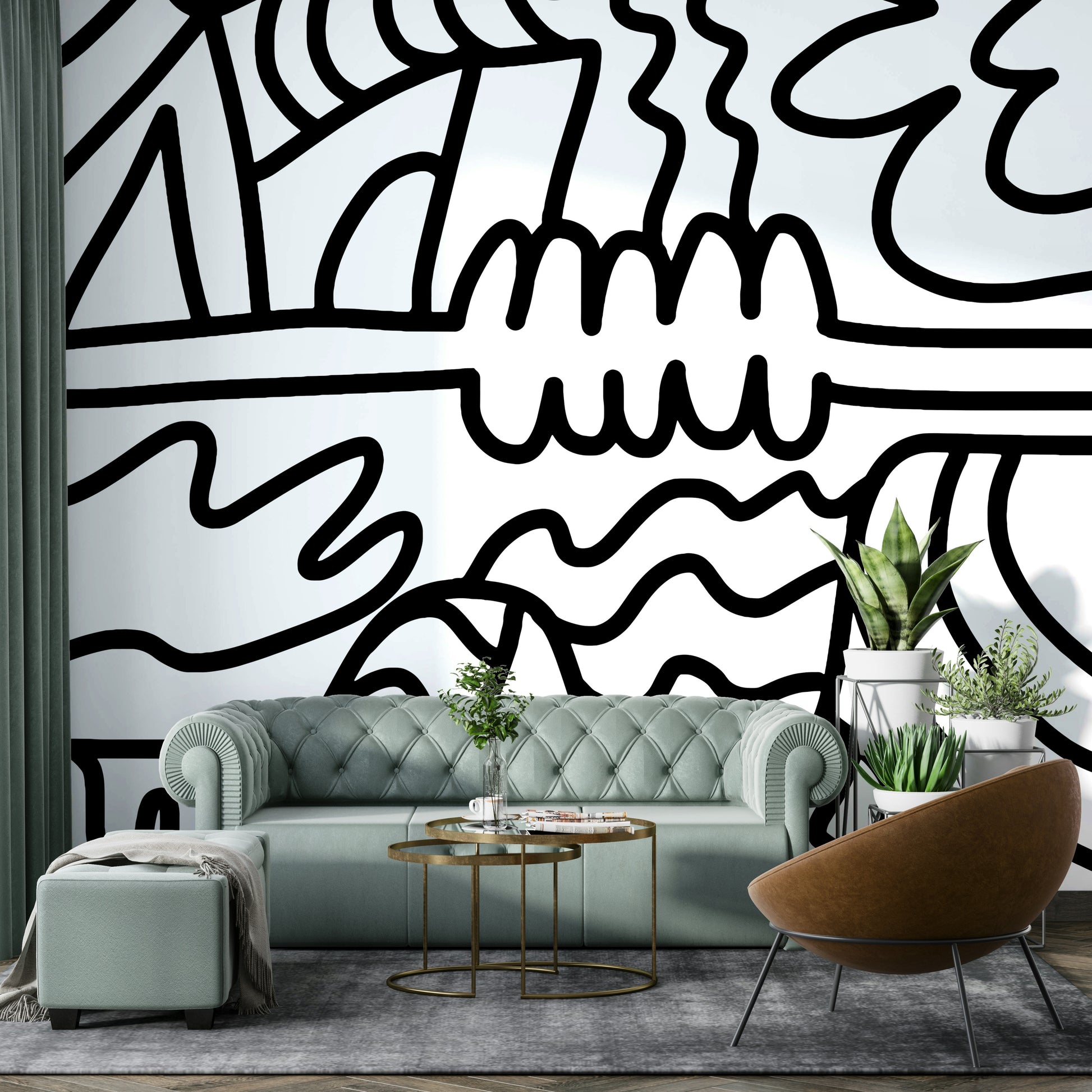 Organic curves and soft lines on wall mural

