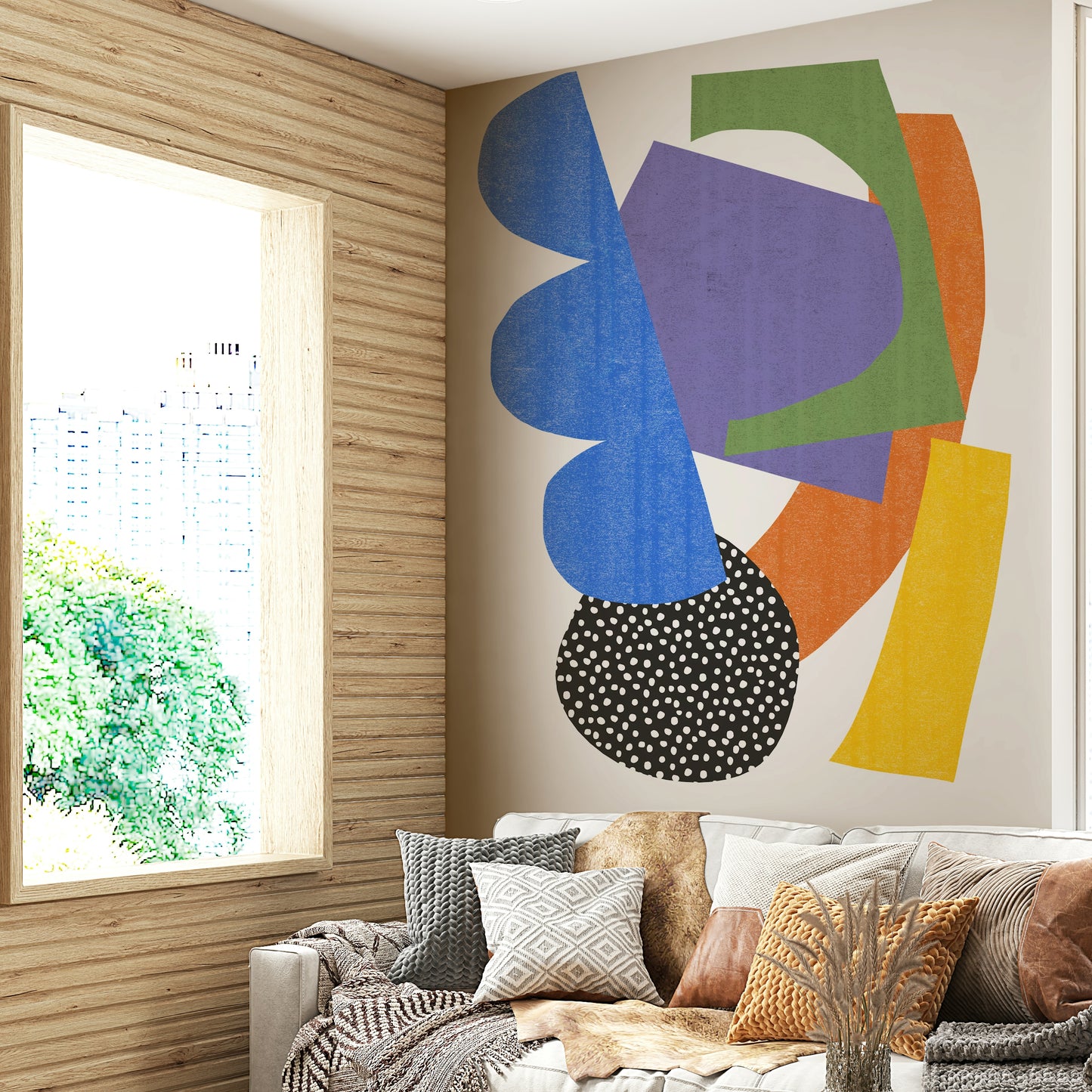 Abstract soft-shape design on neutral wall mural