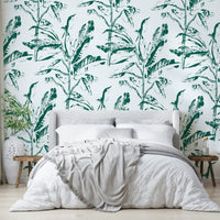 Hand-stamped leaf pattern on wall mural

