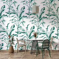 Living room with botanical stamp mural

