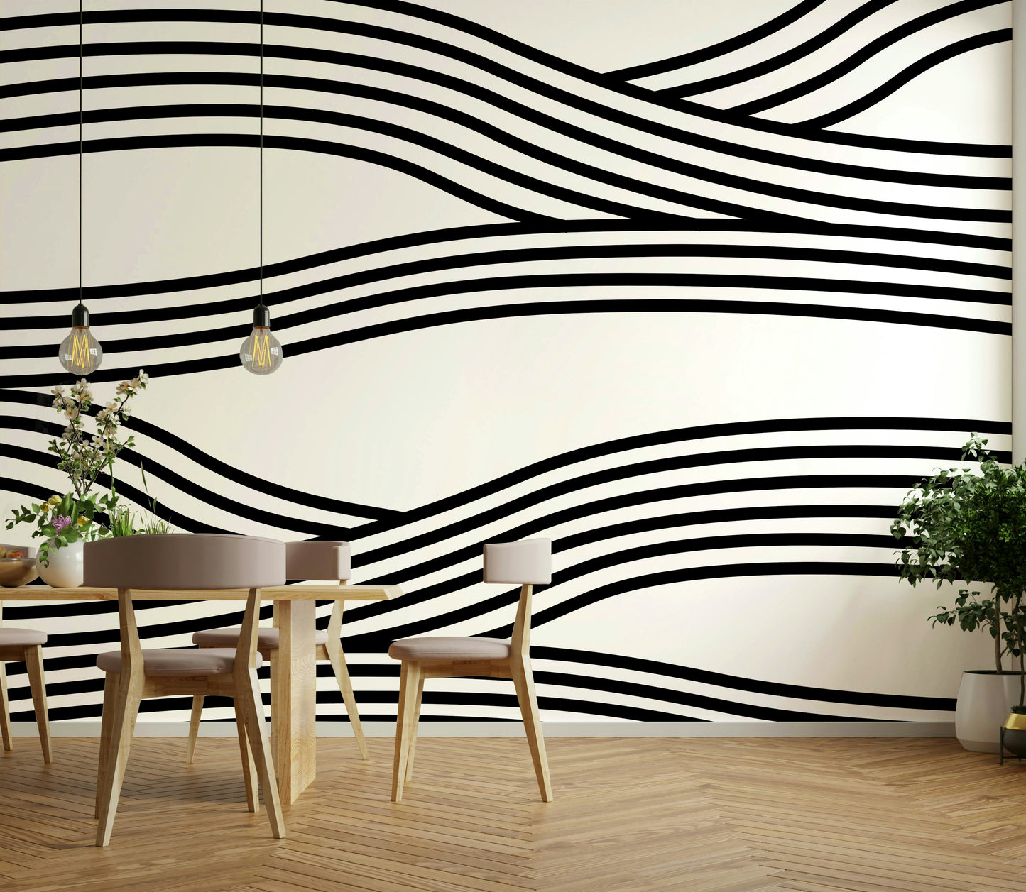 Minimalist room with wave mural wallpaper

