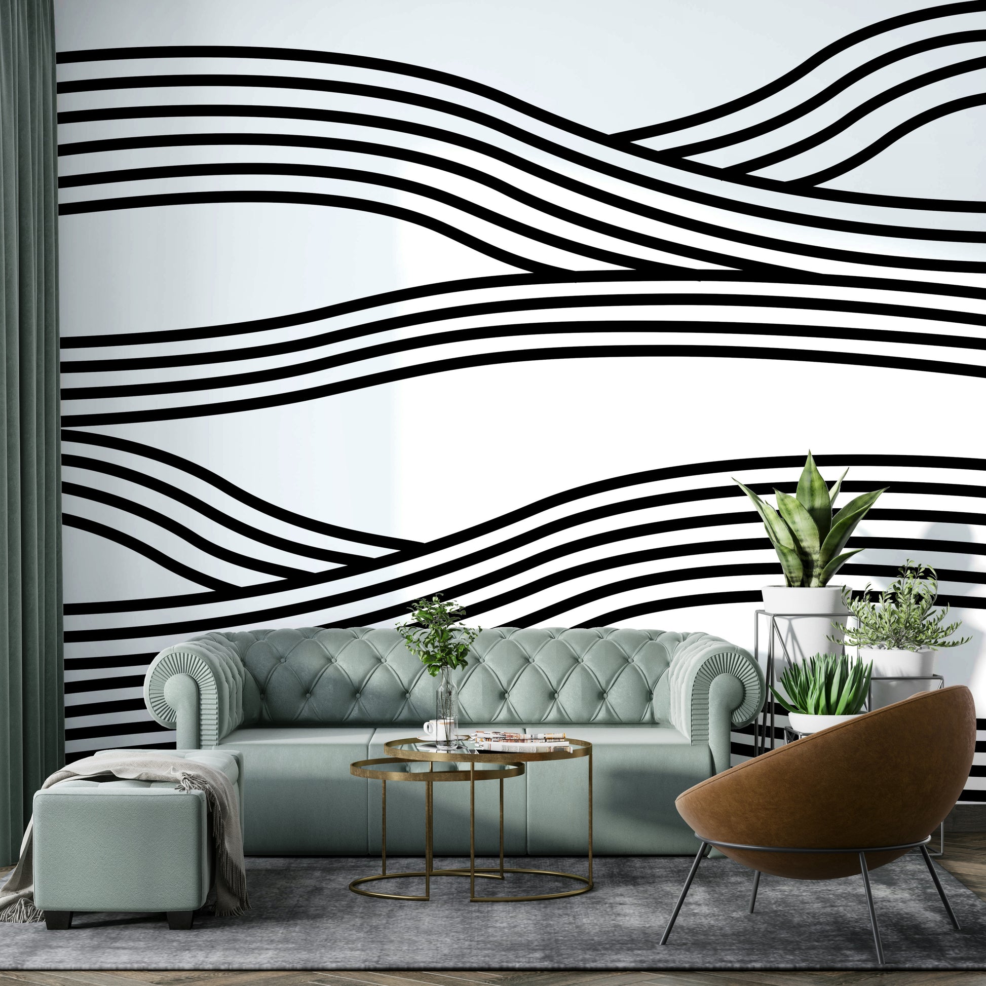 Monochrome Wave Rhythms mural wallpaper full view


