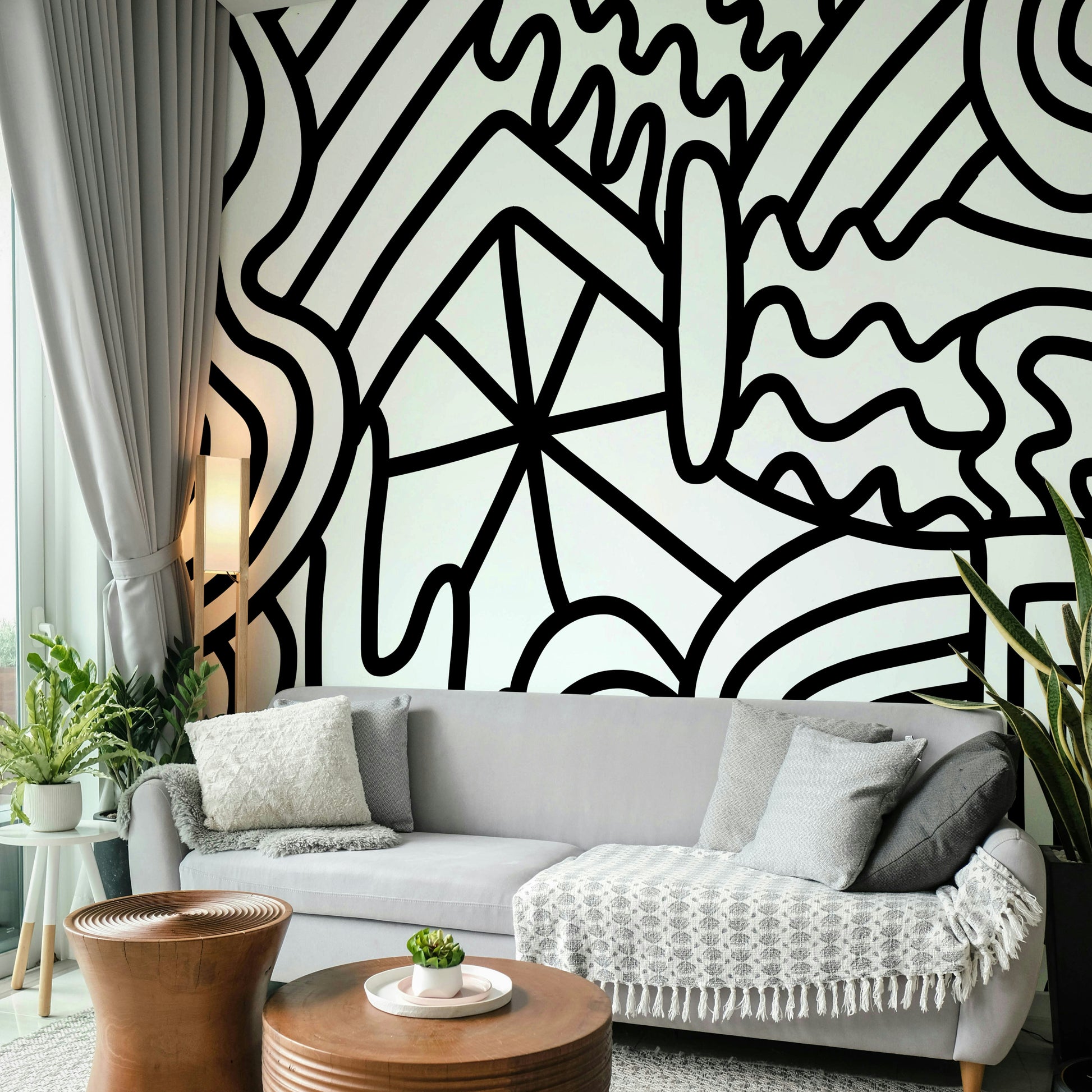 Wavy abstract mural in muted tones

