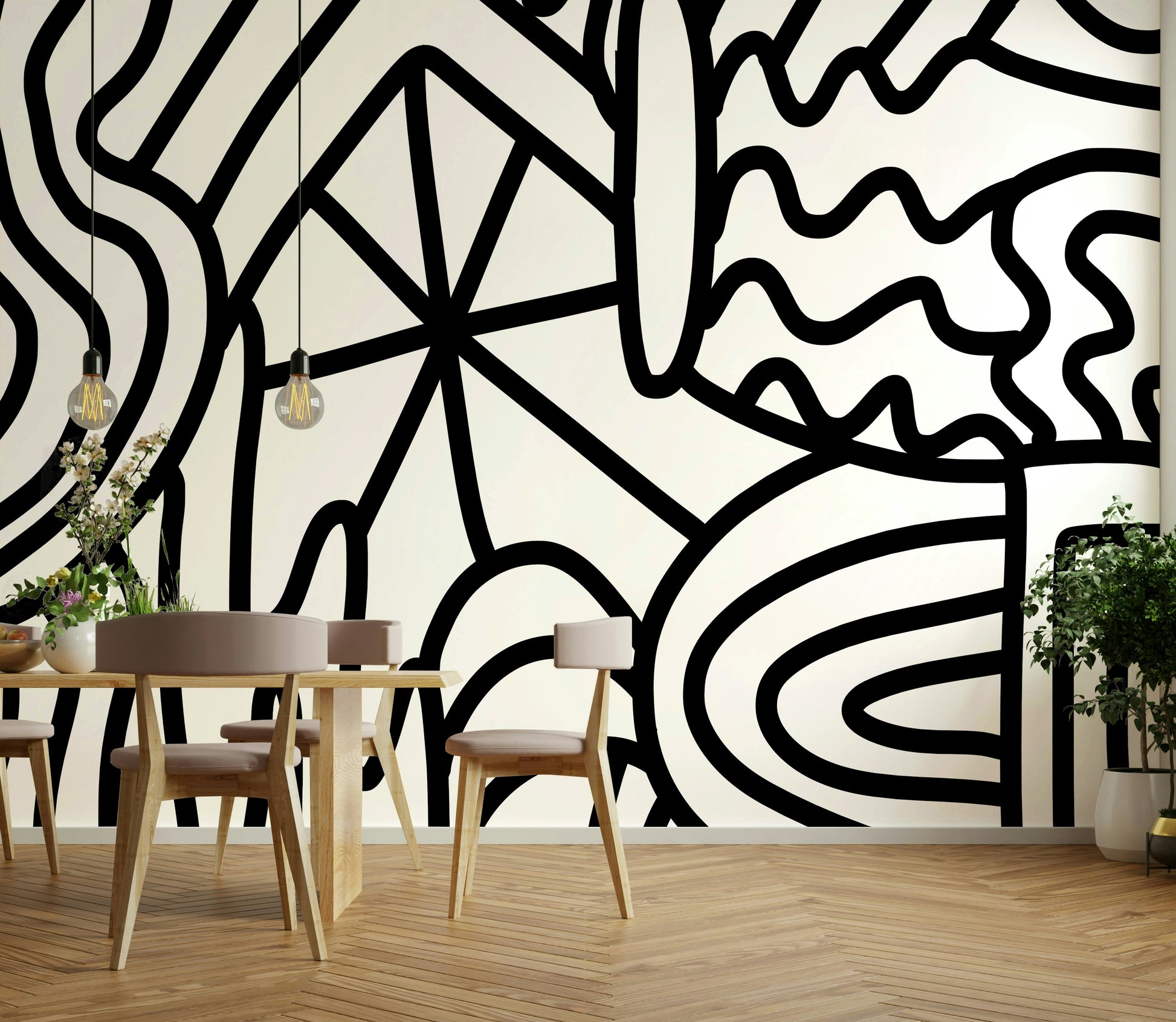 Bedroom with wave-inspired wall mural

