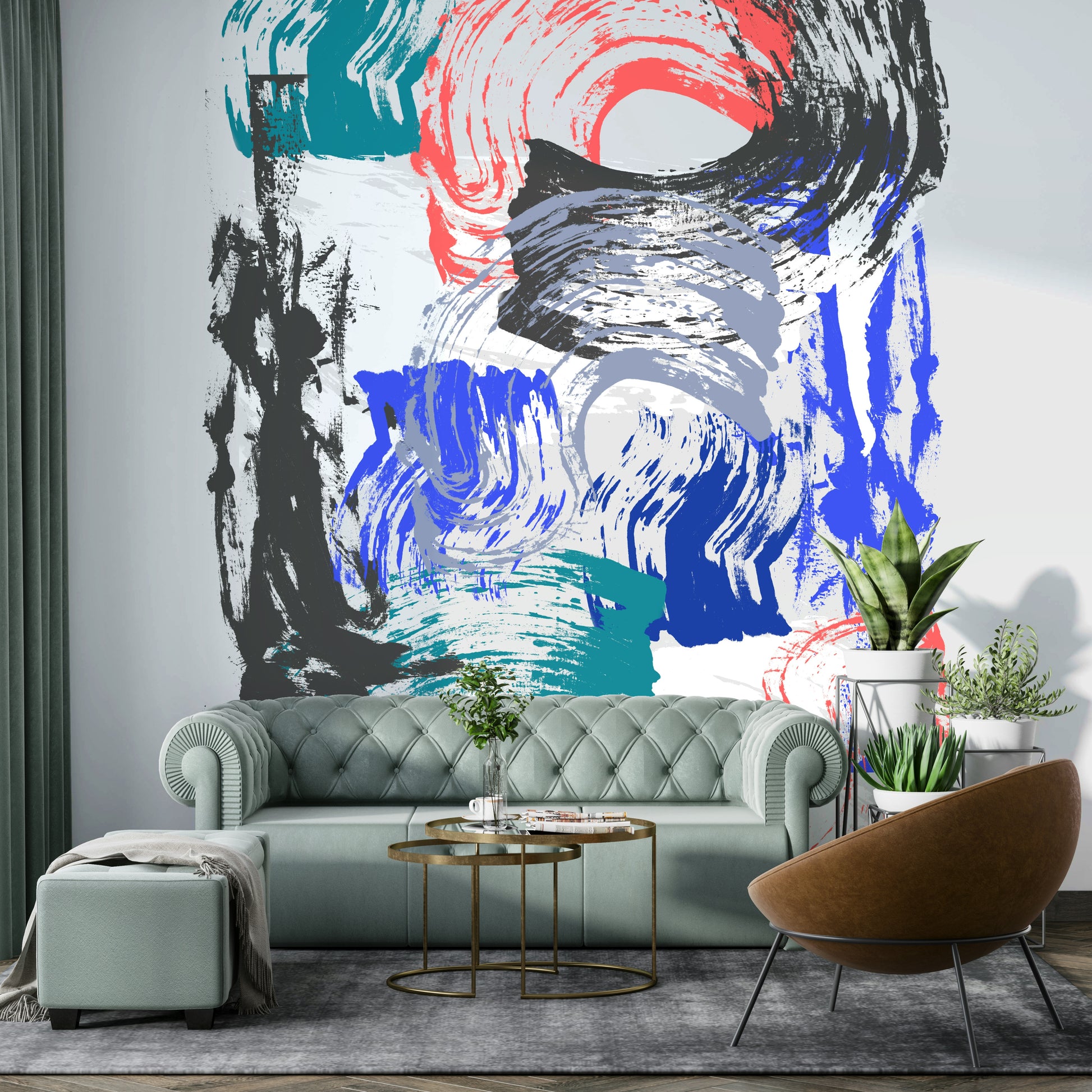 Minimal room with artistic brush mural
