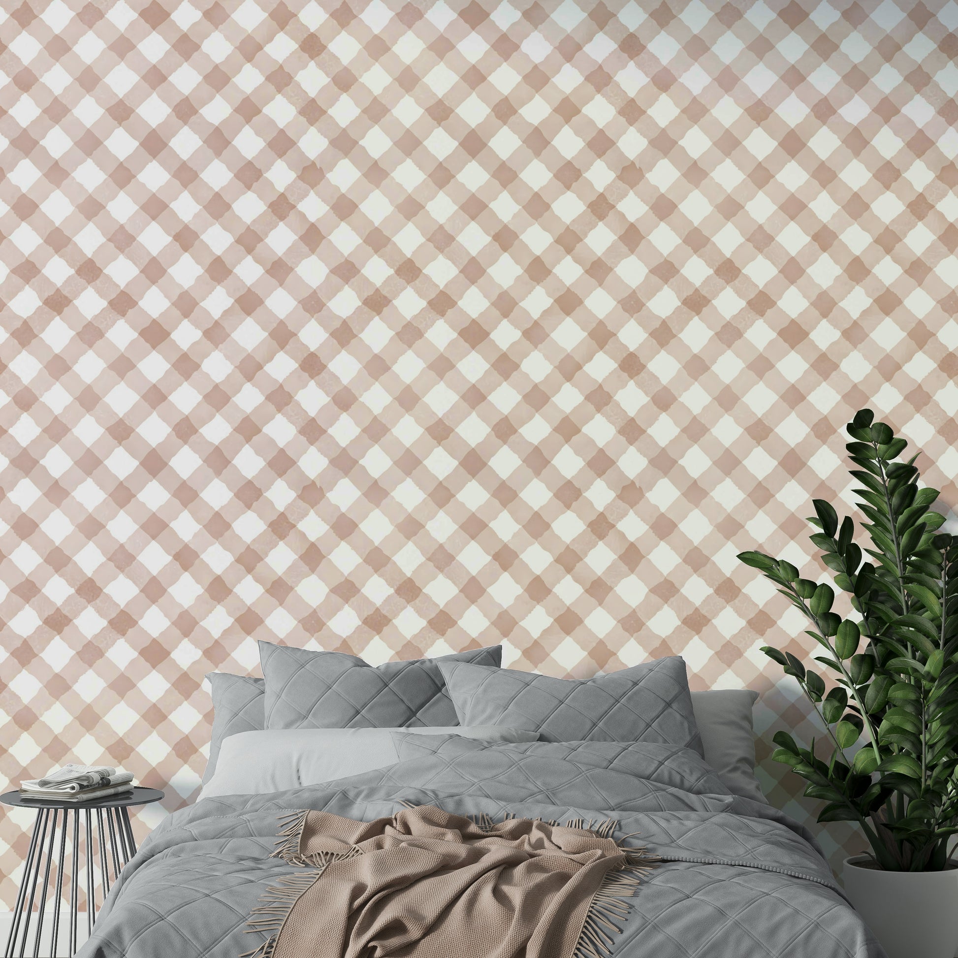 Artistic pink checks on mural wallpaper

