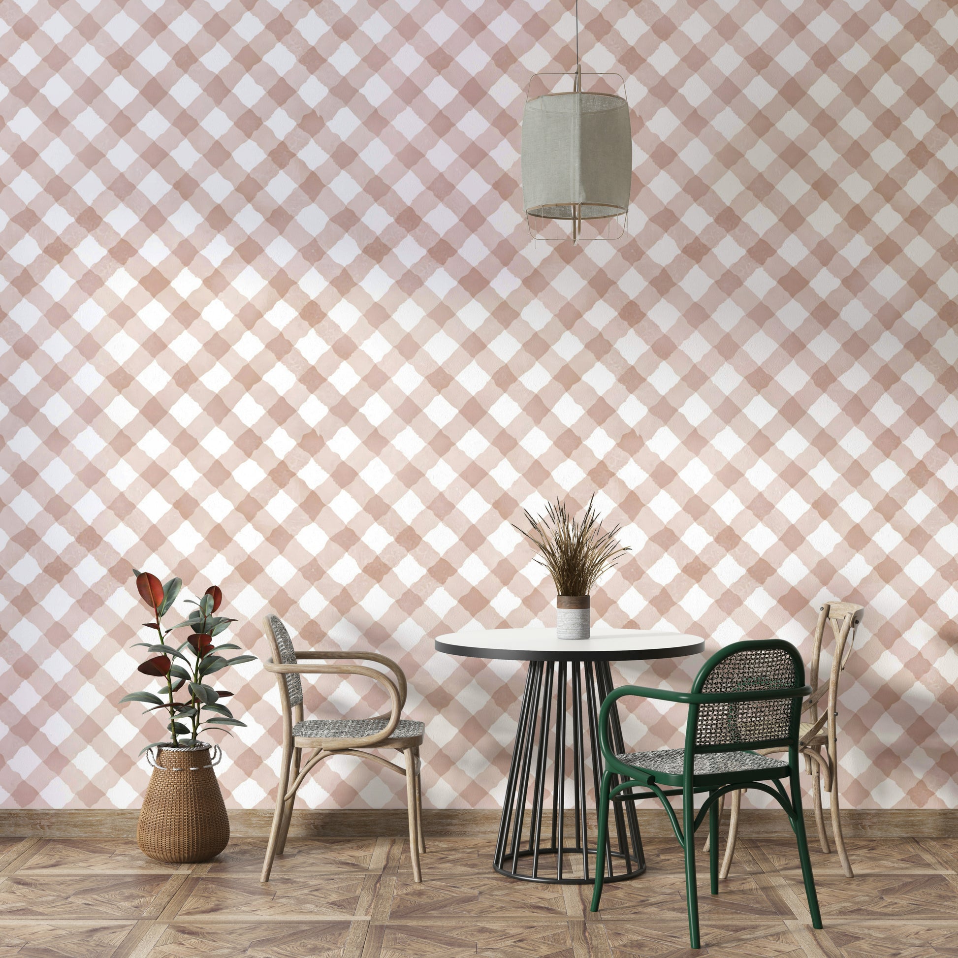 Mural wallpaper with festive pink checks
