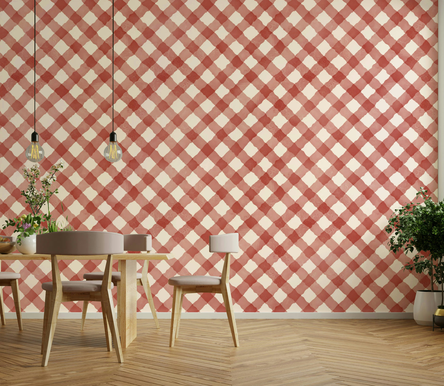Rustic kitchen with red checkered wallpaper
