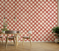 Rustic kitchen with red checkered wallpaper
