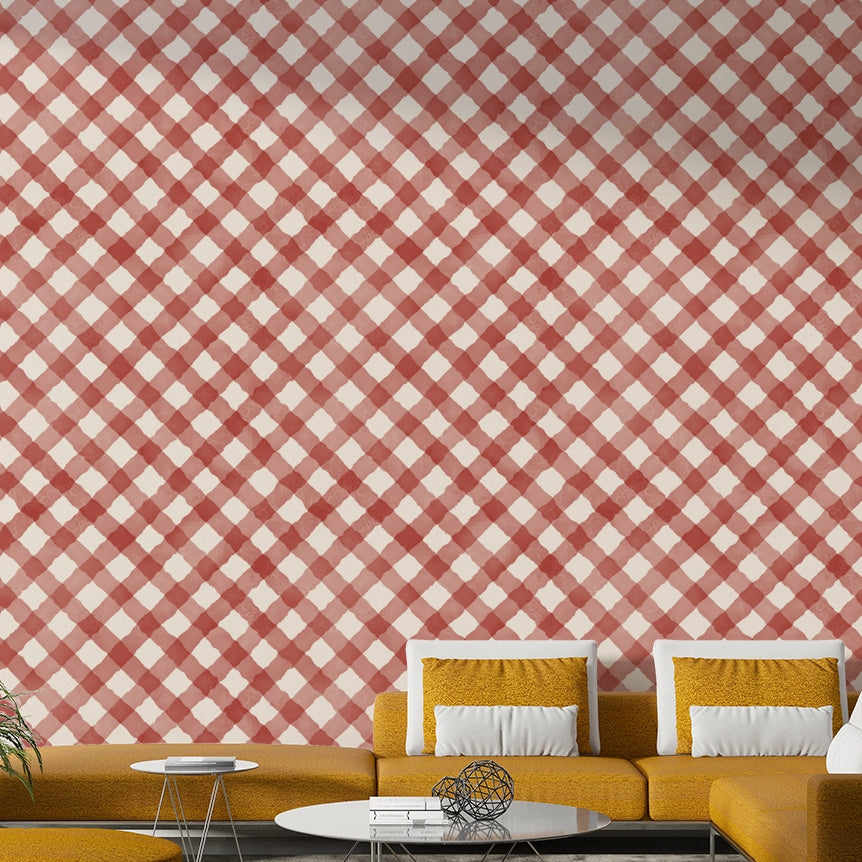 Red gingham wall mural close-up view
