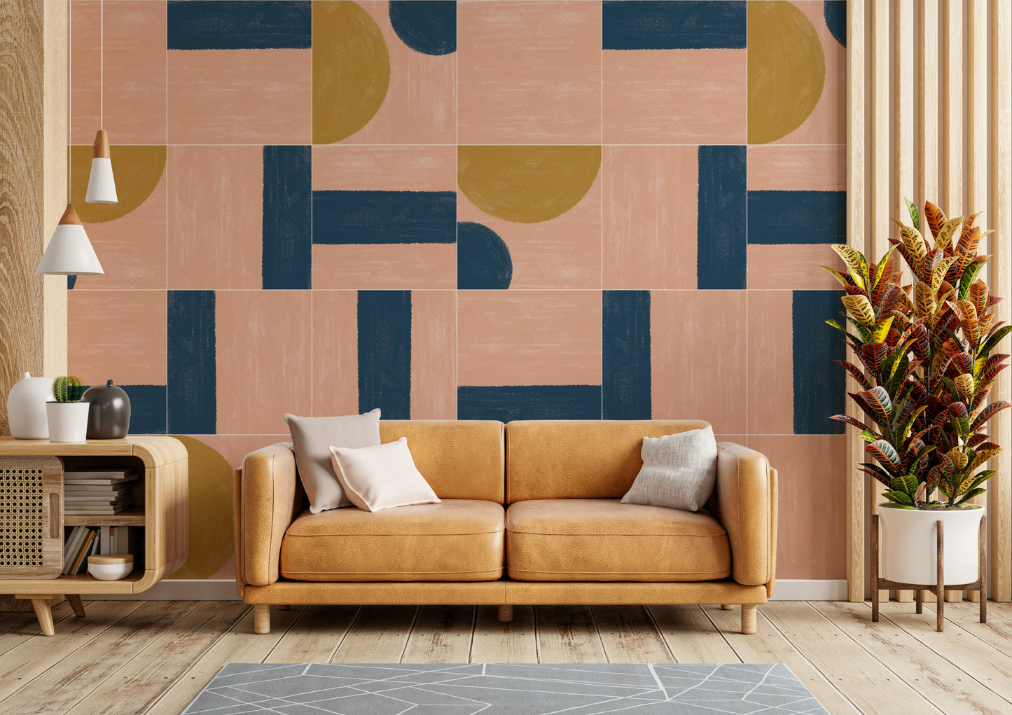 Hand-painted tile motif wallpaper
