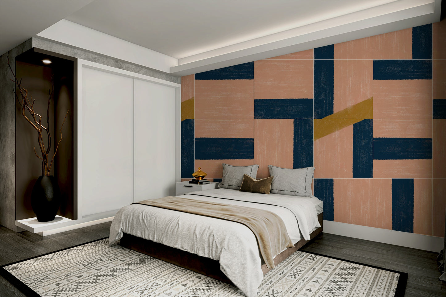 Soft neutral tile-inspired mural
