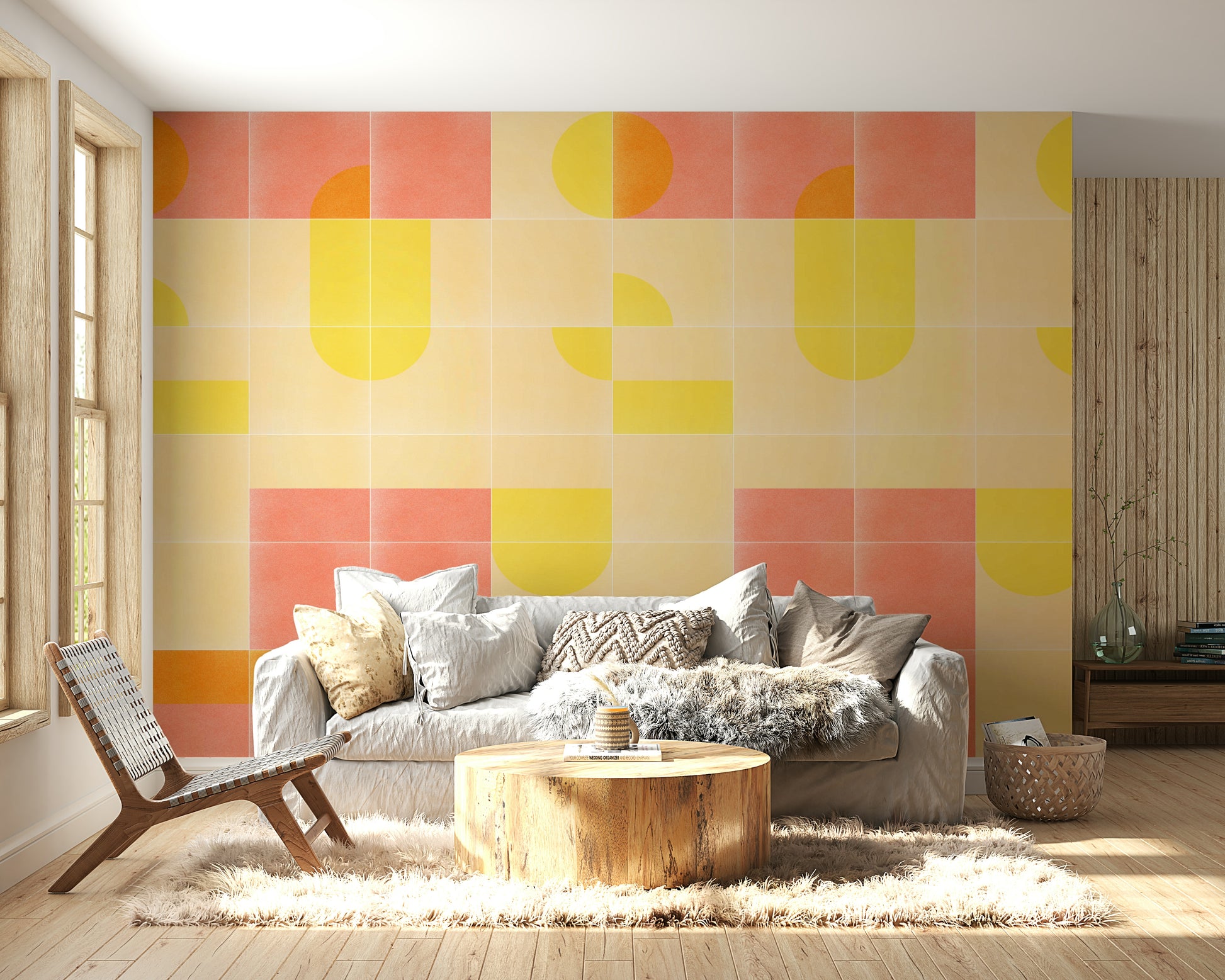 Geometric retro wall mural in soft tones
