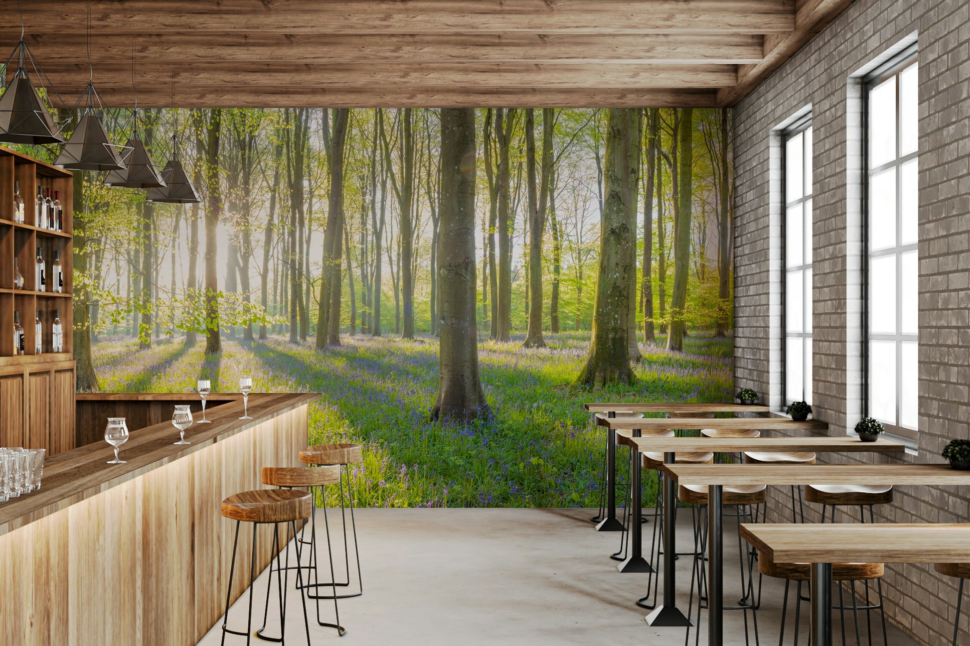 Green forest with wildflowers mural
