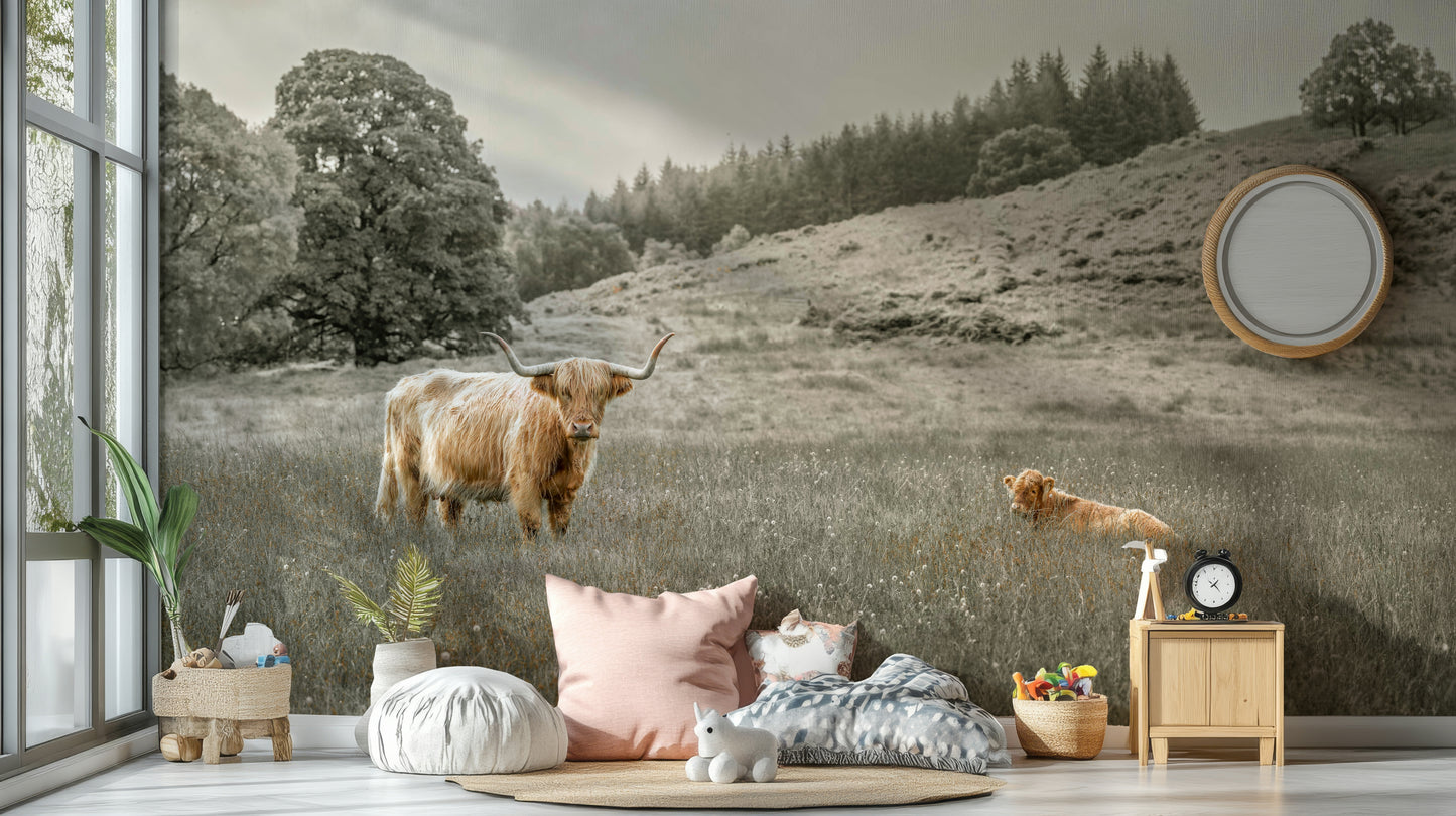 Highland cow grazing mural wallpaper
