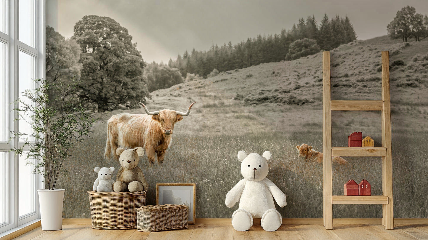 Highland Cow Grazing Wall Mural